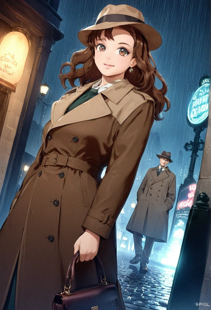detailed illustration (side view),dynamic angle,ultra-detailed, illustration, pose for the camera, smiling at viewer, clean line art, shading, anime, 2020’s anime style, detailed eyes, detailed face, beautiful face standing on a sidewalk,

Detective, trench coat, fedora hat, Johnny dollar inspired, Philip Marlow inspired, 1940’s, woman, in a suit a coat, night, rain, brown hair, hard boiled, female fatale vibes.