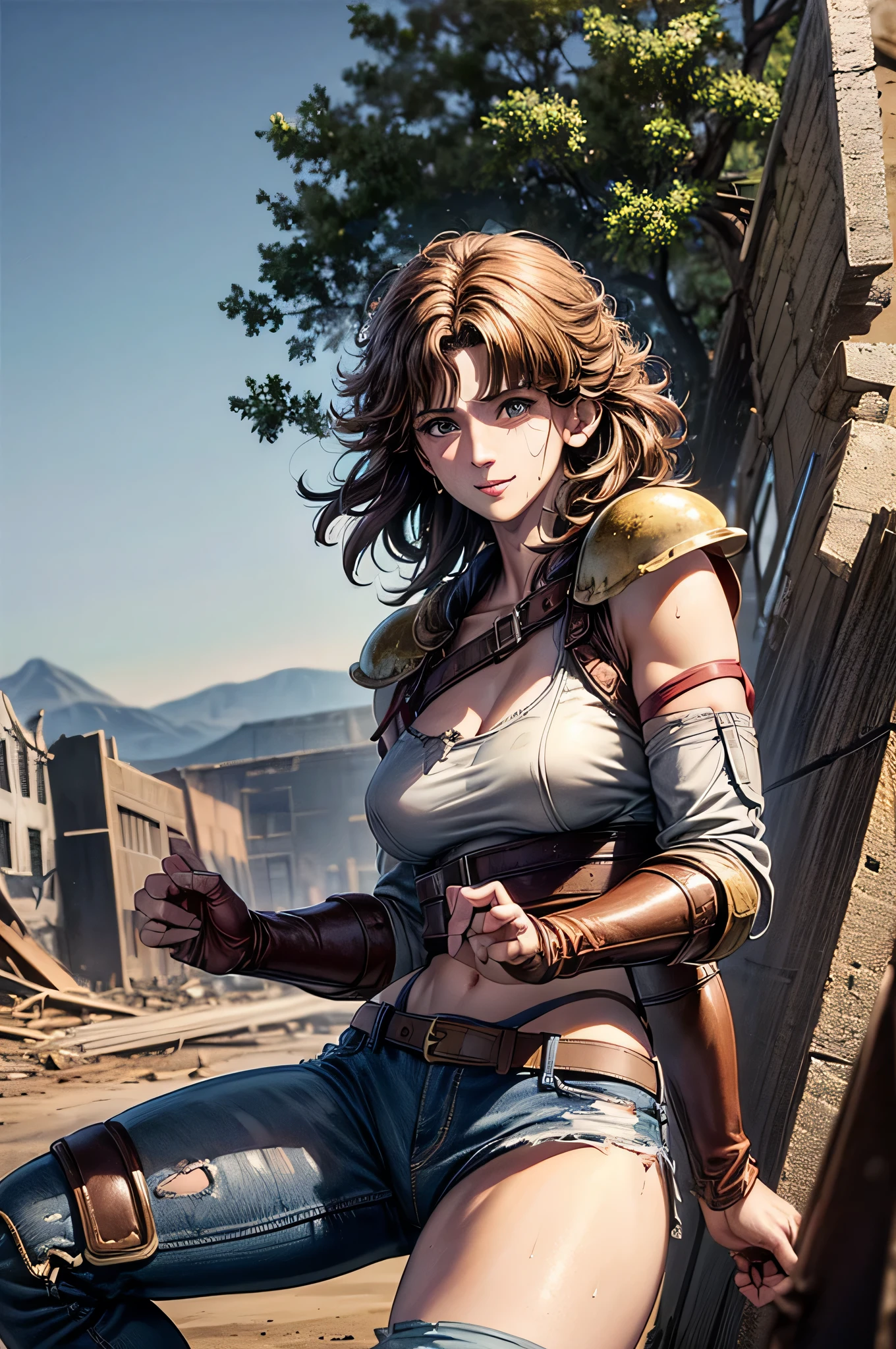 (Mamiya,undershirt,1 mature muscular female ,shoulder guard,leg guard,brown wavy hair,25yo),leather boots,damaged denim pants,large breasts,cleavage,erected nipples,perfect hands, perfect finger,perfect anatomy, masterpiece, best quality,realistic, hyperrealistic, 16k hdr,(destroyed house,ruined world,medieval,,outdoor,wilderness,desert background,strong wind:1.3),(cool beauty,smile),sweat,spread legs,navel,no sleeves