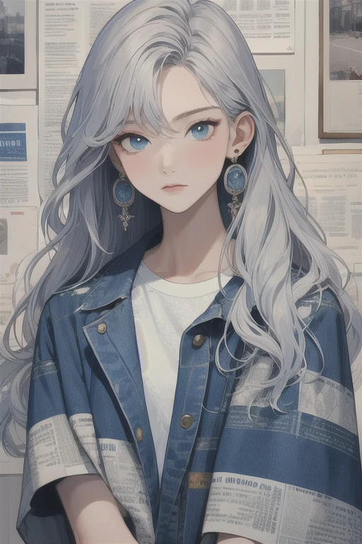 (Best quality, A high resolution, Textured skin, High quality, High details, Extremely detailed CG unity), newspaper wall, looking at viewer, blue eyes, white shirt, solo, shirt, earrings, upper body, grey hair, jewelry, 1girl, print shirt, blue jacket, long hair, masterpiece, 8K, perfect lighting,