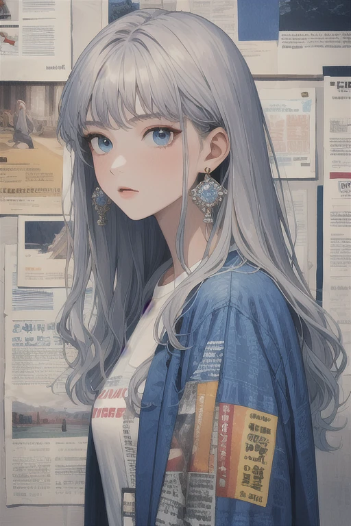 (Best quality, A high resolution, Textured skin, High quality, High details, Extremely detailed CG unity), newspaper wall, looking at viewer, blue eyes, white shirt, solo, shirt, earrings, upper body, grey hair, jewelry, 1girl, print shirt, blue jacket, long hair, masterpiece, 8K, perfect lighting,