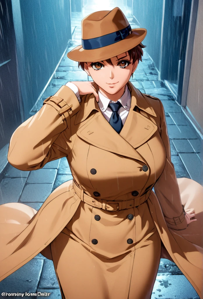 detailed illustration (side view),dynamic angle,ultra-detailed, illustration, pose for the camera, smiling at viewer, clean line art, shading, anime, 2020’s anime style, detailed eyes, detailed face, beautiful face standing on a sidewalk,

Detective, trench coat, fedora hat, Johnny dollar inspired, Philip Marlow inspired, 1940’s, woman, in a suit a coat, night, rain, brown hair, hard boiled, female fatale vibes.