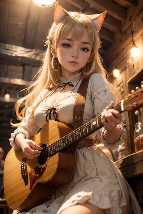 (obra de arte, melhor qualidade:1.2), a well-dressed music nekomimi woman, adornado em roupas medievais com tons roxos seletivos...