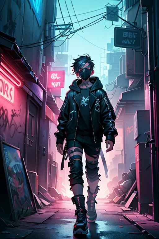 In a dystopian neon-lit alley, a rebellious graffitipunk figure stands tall, embodying the essence of street-art-infused punk culture. Their attire is an intricate canvas of defiance, featuring a hooded jacket adorned with metal spikes that mirror the chaotic surroundings. A black mask with pixelated white crosses over the eyes conceals their identity, silently daring the observer to question their purpose. A single fist, covered in ink and jewelry, is thrust triumphantly into the air, making a powerful statement amidst the eerie, otherworldly glow. This is not merely an outfit; it's a powerful declaration painted on steel and skin, set against a backdrop of intense neon hues and shadows, reflecting the dark fantasy realm they inhabit., graffiti, cinematic, vibrant, dark fantasy