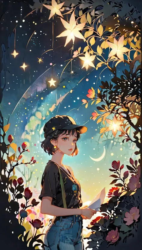(((paper cutting style))), 1 girl, short black short hair, cap, shirts and denim, portfolio, gazing at a star-filled night sky