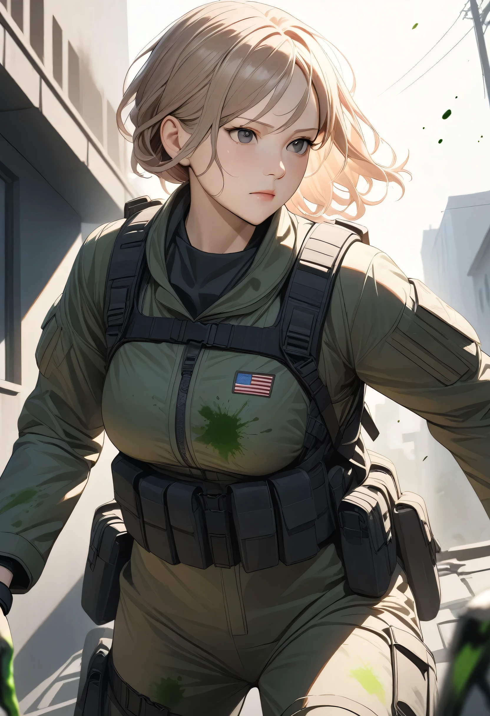 Jennifer Lawrence in a Special Forces suit, Natural Breasts, High resolution, Realistic art, Fighting zombies, 1 mature female, One mature woman, alone, On the roof, Green blood splatter, Serious face, Ray tracing with closed mouth, Perfect lighting, Perfect detail,