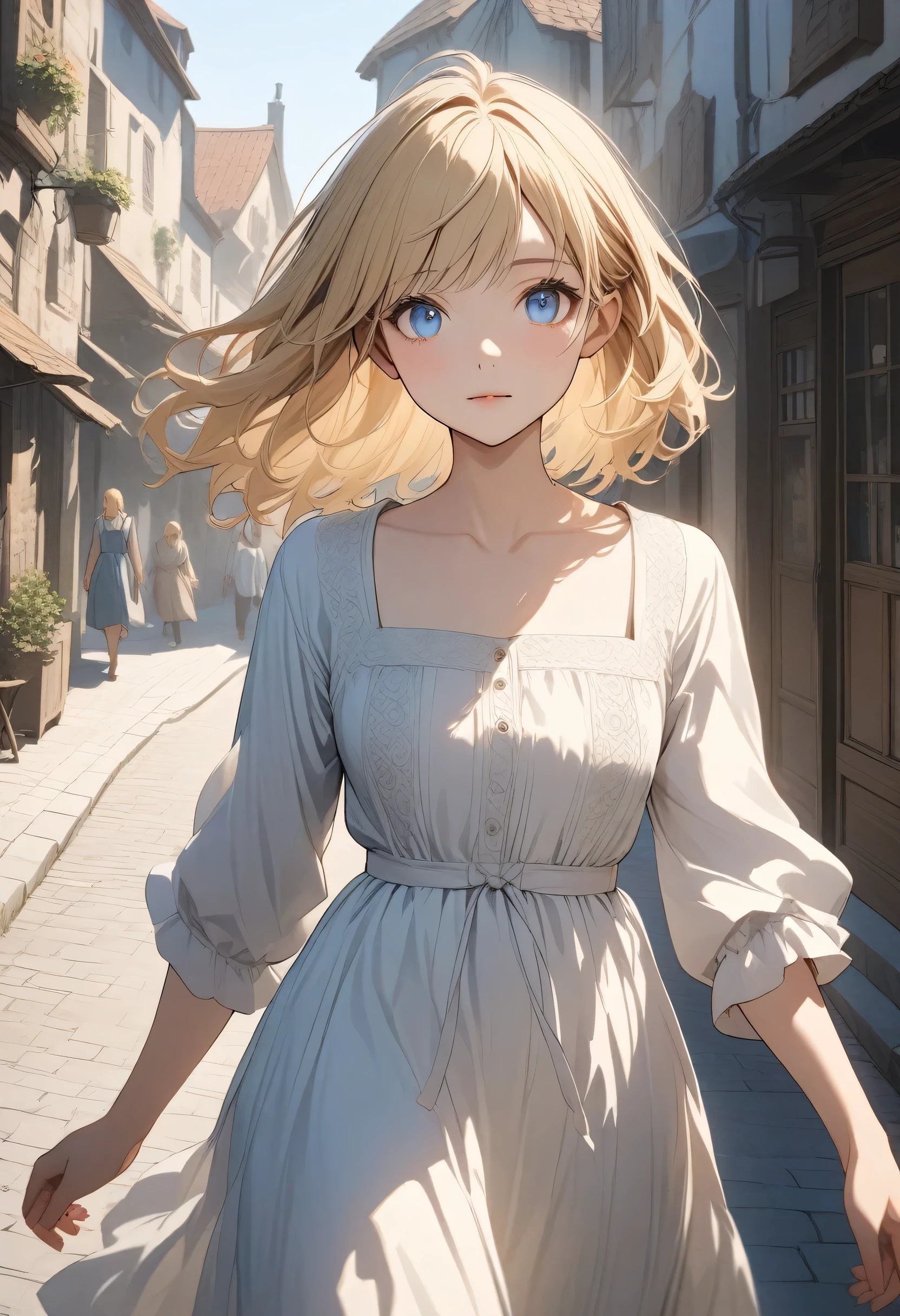 highest quality, masterpiece, Realistic photos, Intricate details, RAW Photos, Super detailed, old fashioned young woman, Wearing a peasant dress, No neckline, Blonde Hair, Perfect details and blue eyes, Walking around the old town, HD quality, 8k, young woman, 20-year-old