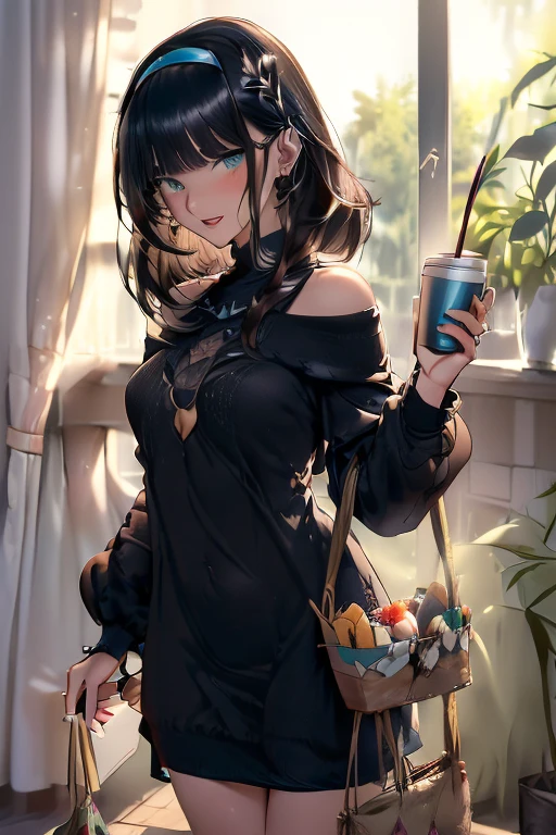 (perky chest:1.2), (pointed chest:1.2),(((Black Tunic:1.3))),(((cakes and bread in the basket),Cute and beautiful girl,Cute round face,Cute smile,with blush cheeks,Red Lip,solo, looking at viewer, open mouth, have a cute grass of cute beergrass,black hair, dark green eyes, dress, bare shoulders, jewelry, collarbone, sidelocks, hairband, earrings, indoors, off shoulder, sweater, arms behind back, plant, short hair with long locks, gild hairband, off-shoulder dress, sweater dress, off-shoulder sweater, black sweater, dark gord hair, big side hair, very long side hair,is rendered in (masterpiece: 1.2, best quality), with (ultra high resolution) and an exquisite (depth of field),(Bangs are see-through bangs),hair pin,hair adornments,detailed clothes features,Detailed hair features,detailed facial features,(Dynamic angles),(Dynamic and sexy poses),Cinematic Light,(masutepiece,top-quality,Ultra-high resolution) ,(The 8k quality,Anatomically accurate facial structure,),(Sea Art 2 Mode:1.3),(Image Mode Ultra HD) ,(Hold a coffee in your hand:1.3),delicate beautiful face, Bright blue eyes, cute eyes, sparkling eyes, Big eyes, (perky chest:1.1), (pointed chest:1.3), looking at viewer, 