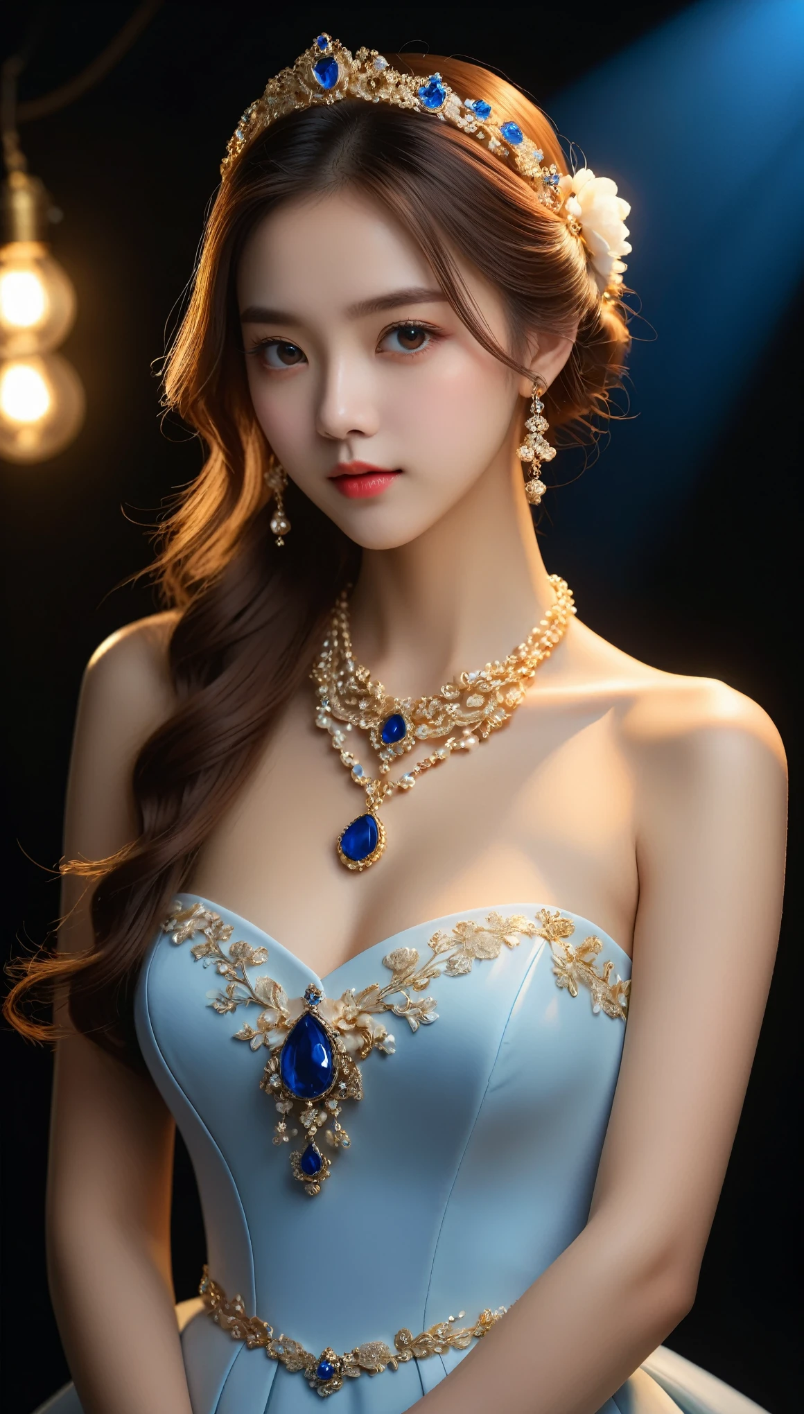 best quality, masterpiece, high resolution, 1 Girl, Porcelain dress, Hair accessories, necklace, Jewelry, Pretty Face, Physically, Tyndall effect, Practical, Dark Studio, Side lighting, Two-color lighting, (High Detail Skin: 1.2), 8K UHD, Digital SLR Camera, Soft Light, high quality, Volumetric Light, frank, photo, high resolution, 4k, 8K, Background blur,