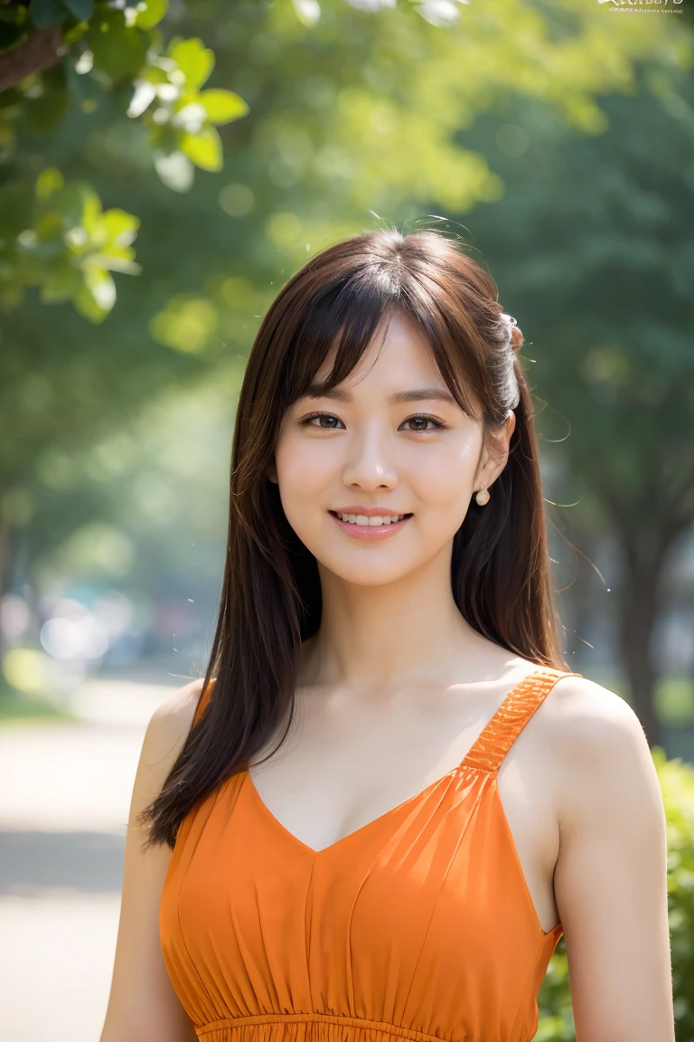 Medium Size Display, Medium Shot, Written boundary depth, Upper Body, Movie angle, masterpiece, highest quality, Very detailed, CG, 8k wallpaper, Beautiful Face, Delicate eyes, alone, smile, cute、orange color dress