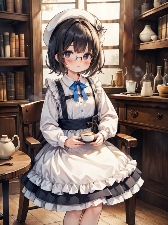 masterpiece, highest quality, Very detailed, 16k, Ultra-high resolution, Cowboy Shot, Detailed face, Perfect Fingers, 10 year old female,  black eye, Black Hair, Shortcuts, Glasses, (Blue Apron Dress, White blouse, flare skirt, Drawers, Black shoes), Luxurious Western-style building, library, Bookshelf, table, Black tea, cake, Chair, Chairに座る