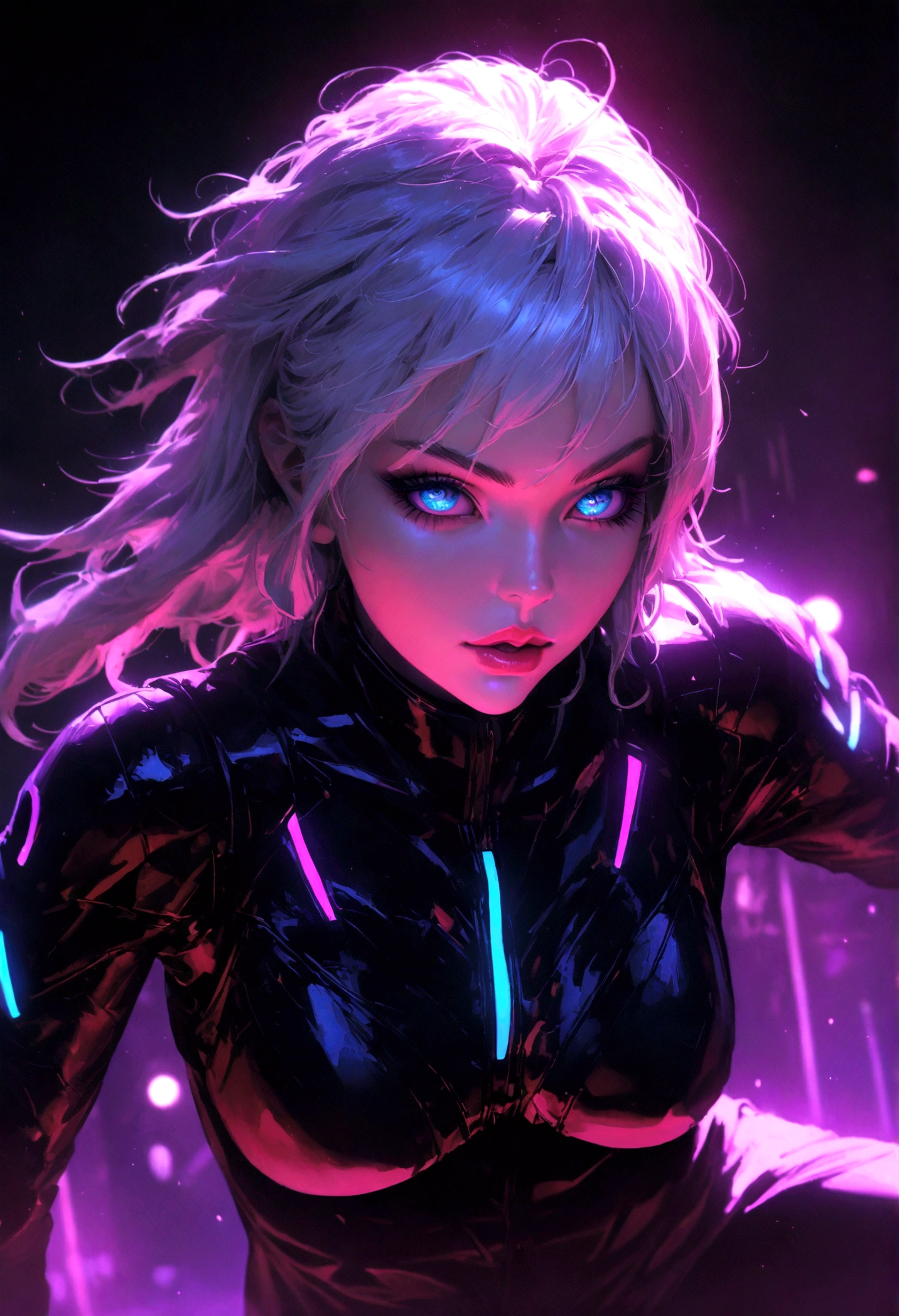 incredible detailed anime k-pop girl, beautiful detailed eyes, long spiked white hair, beautiful detailed lips, extremely detailed face, long eyelashes, dynamic pose, dramatic lighting, neon backlit, dark moody atmosphere, chiaroscuro lighting, moody colors, vibrant neon colors, cyberpunk aesthetic, 8k, high quality, hyper detailed, photorealistic, masterpiece