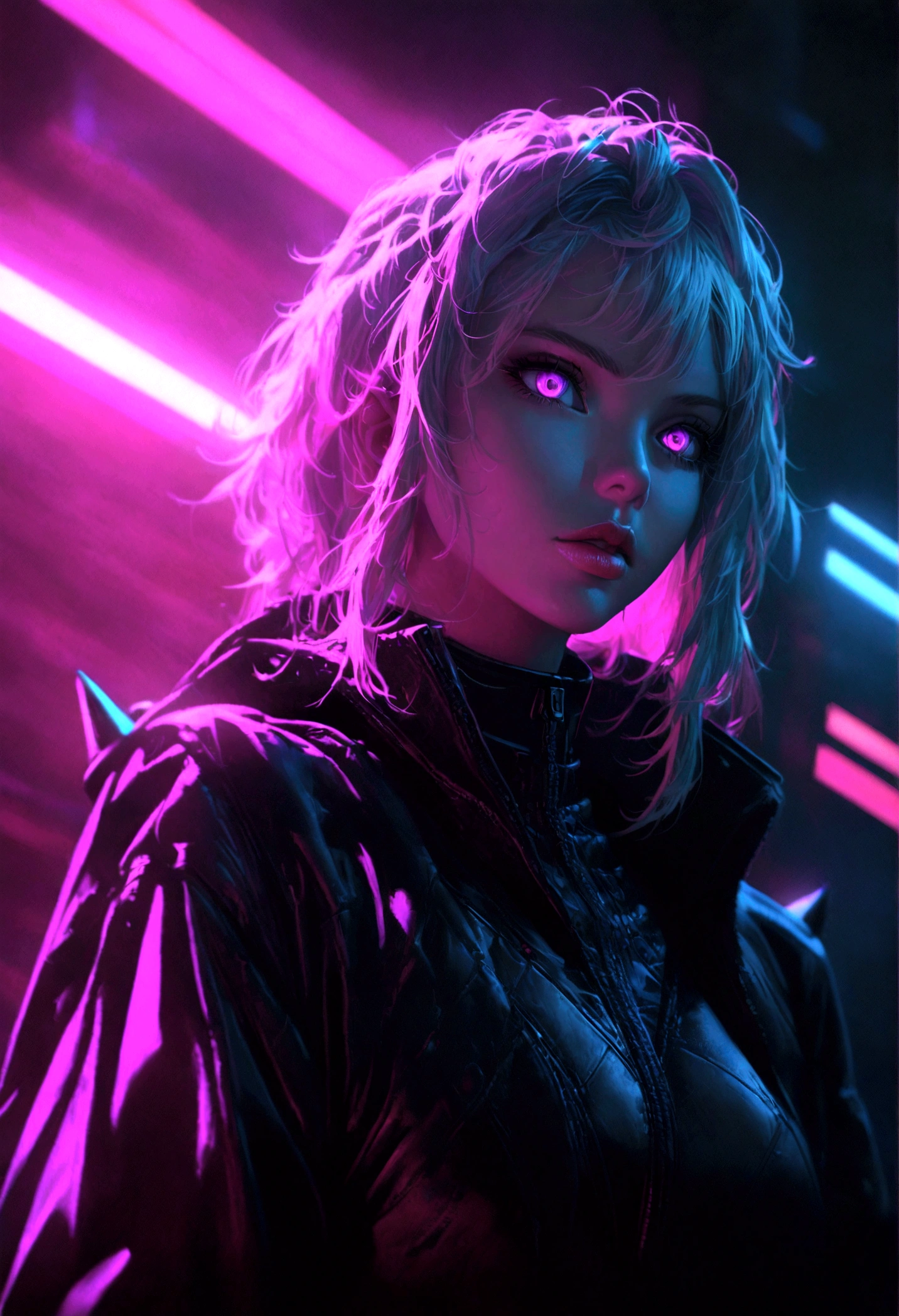 incredible detailed anime k-pop girl, beautiful detailed eyes, long spiked white hair, beautiful detailed lips, extremely detailed face, long eyelashes, dynamic pose, dramatic lighting, neon backlit, dark moody atmosphere, chiaroscuro lighting, moody colors, vibrant neon colors, cyberpunk aesthetic, 8k, high quality, hyper detailed, photorealistic, masterpiece