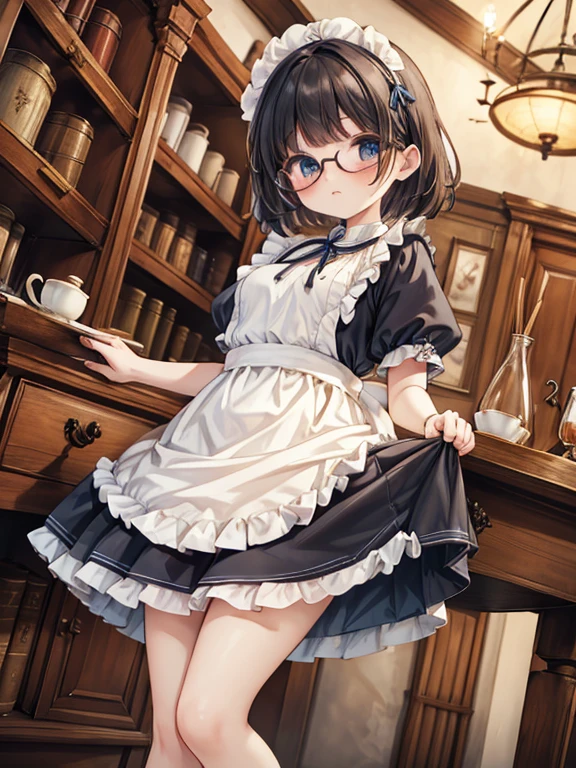 masterpiece, highest quality, Very detailed, 16k, Ultra-high resolution, Cowboy Shot, Detailed face, Perfect Fingers, 10 year old female,  black eye, Black Hair, Shortcuts, Glasses, (Blue Apron Dress:1.2, White blouse:1.2, flare skirt:1.2, Drawers:1.2, Black shoes:1.2), Luxurious Western-style building, library, Bookshelf, table, Black tea, cake, from below:1.5