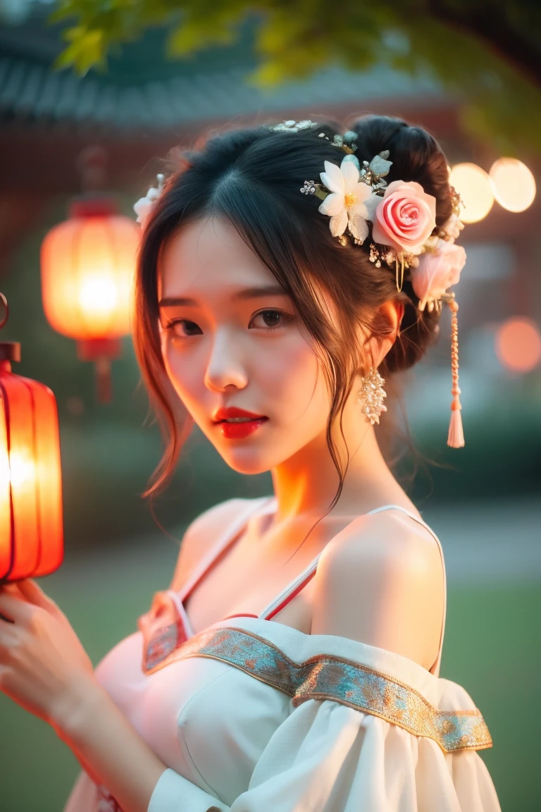 hands_, 1girl, lantern, hair ornament, flower, hair flower, paper lantern, black hair, red lips, looking at viewer, chinese clothes, large breasts, holding, dress, blurry, solo focus, long hair, black eyes, realistic, bare shoulders, white dress, lips, night, lipstick, outdoors, upper body, blurry background, solo, makeup, hair bun
