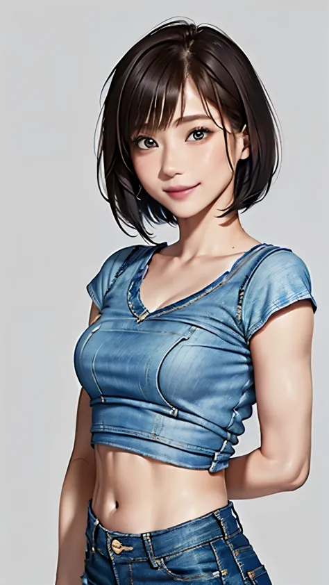237 20-year-old female, short hair, (Jeans andＴ-shirt), A kind smile, lipstick, Abdominal muscles, (Battlefield Warriors)