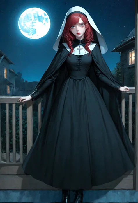 a picture of an exquisite beautiful female (nun: 1.3) vampire standing under the starry night sky on the porch of her monastary,...