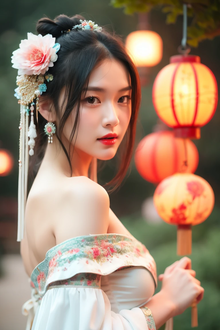 hands_, 1girl, lantern, hair ornament, flower, hair flower, paper lantern, black hair, red lips, looking at viewer, chinese clothes, large breasts, holding, dress, blurry, solo focus, long hair, black eyes, realistic, bare shoulders, white dress, lips, night, lipstick, outdoors, upper body, blurry background, solo, makeup, hair bun
