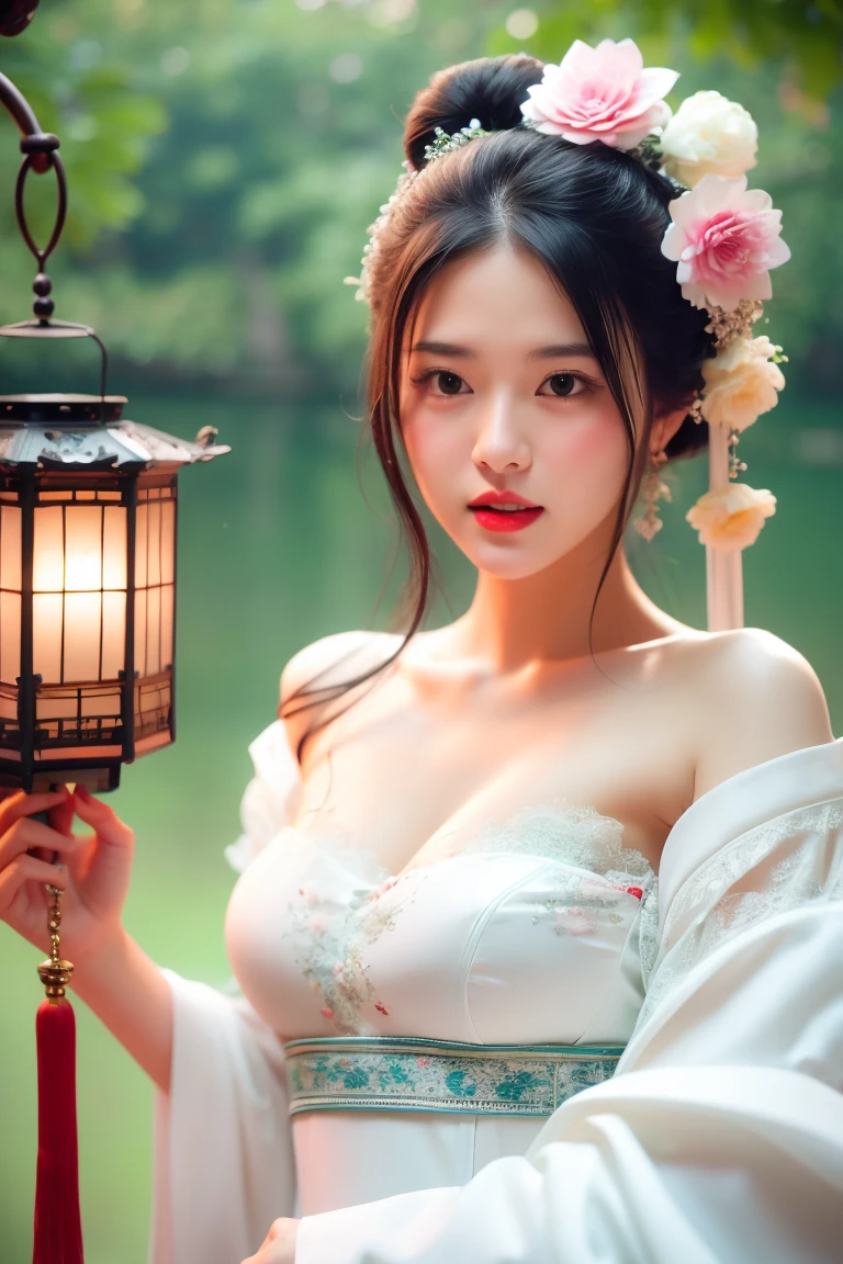 hands_, 1girl, lantern, hair ornament, flower, hair flower, paper lantern, black hair, red lips, looking at viewer, chinese clothes, large breasts, holding, dress, blurry, solo focus, long hair, black eyes, realistic, bare shoulders, white dress, lips, night, lipstick, outdoors, upper body, blurry background, solo, makeup, hair bun
