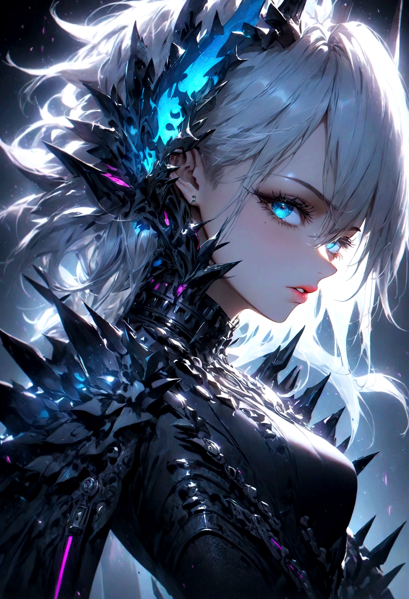 incredible detailed anime k-pop girl, beautiful detailed eyes, long spiked white hair, beautiful detailed lips, extremely detailed face, long eyelashes, dynamic pose, dramatic lighting, neon backlit, dark moody atmosphere, chiaroscuro lighting, moody colors, vibrant neon colors, cyberpunk aesthetic, 8k, high quality, hyper detailed, photorealistic, masterpiece