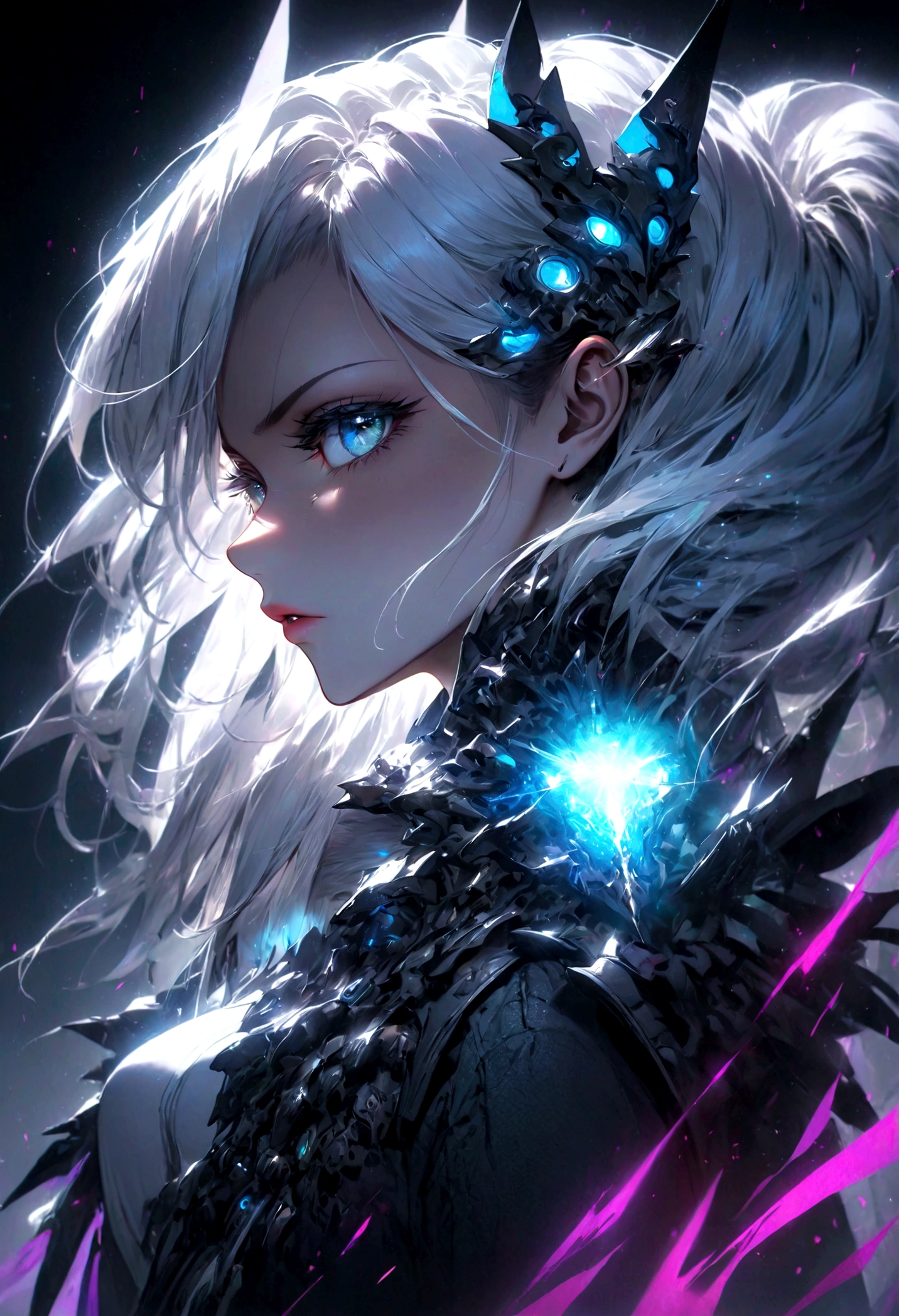 incredible detailed anime k-pop girl, beautiful detailed eyes, long spiked white hair, beautiful detailed lips, extremely detailed face, long eyelashes, dynamic pose, dramatic lighting, neon backlit, dark moody atmosphere, chiaroscuro lighting, moody colors, vibrant neon colors, cyberpunk aesthetic, 8k, high quality, hyper detailed, photorealistic, masterpiece