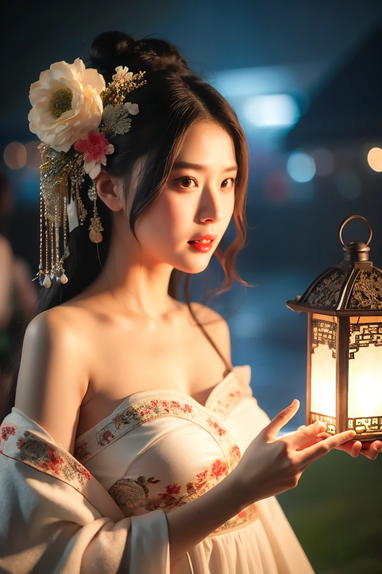 hands_, 1girl, lantern, hair ornament, flower, hair flower, paper lantern, black hair, red lips, looking at viewer, chinese clothes, large breasts, holding, dress, blurry, solo focus, long hair, black eyes, realistic, bare shoulders, white dress, lips, night, lipstick, outdoors, upper body, blurry background, solo, makeup, hair bun
