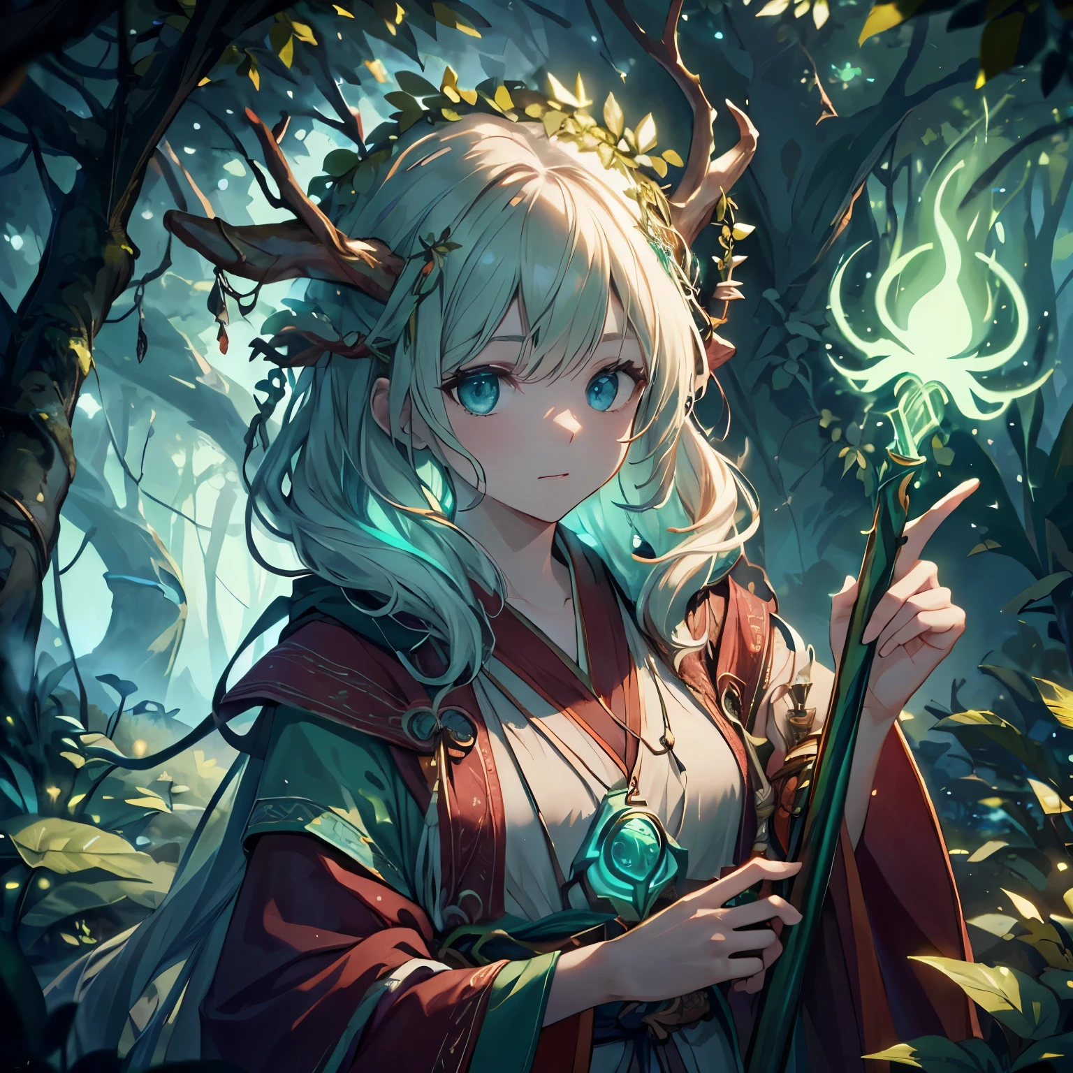 Druid, female (wise, robes made of leaves, staff, surrounded by animals, green aura, detailed fingers, five fingers), BREAK, background (forest, natural, serene), BREAK, quality (8k, ultra HD, highly detailed, photo-realistic, cinematic lighting, masterpiece)