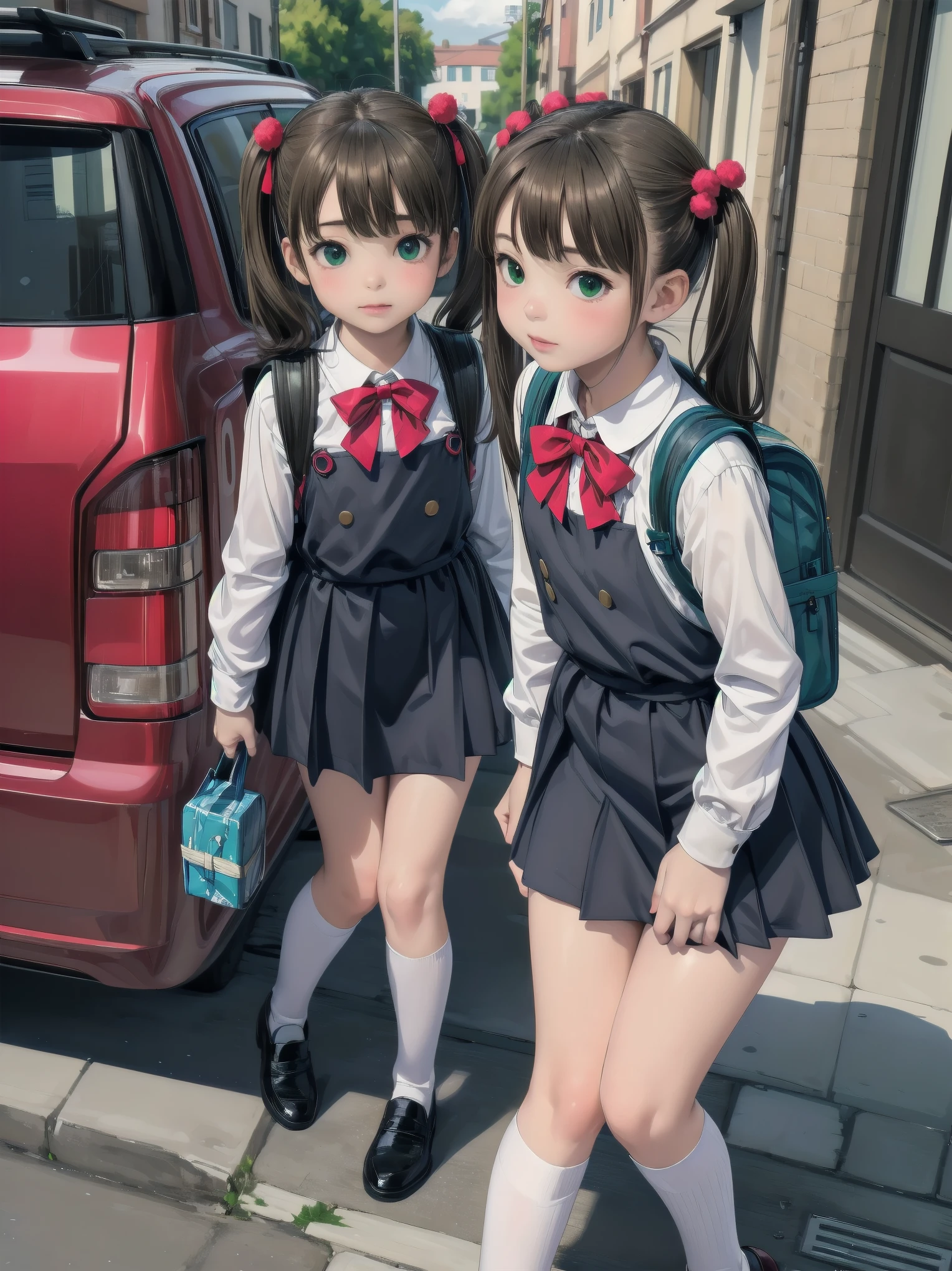 1girl,best quality,ultra-detailed,high resolution,(photorealistic, realistic, photo-realistic:1.2),(9 yo,flat chest),bangs,(smile:0.3),,shigure ui (vtuber),aged down,,backpack,bag,bangs,black dress,black footwear,blush,pom pom hair ornament,collared shirt,green eyes,kneehighs,light brown hair,loafers,long sleeves,pinafore dress,pleated dress,randoseru,red bow,,sleeveless dress,twintails,white legwear,white shirt,anime