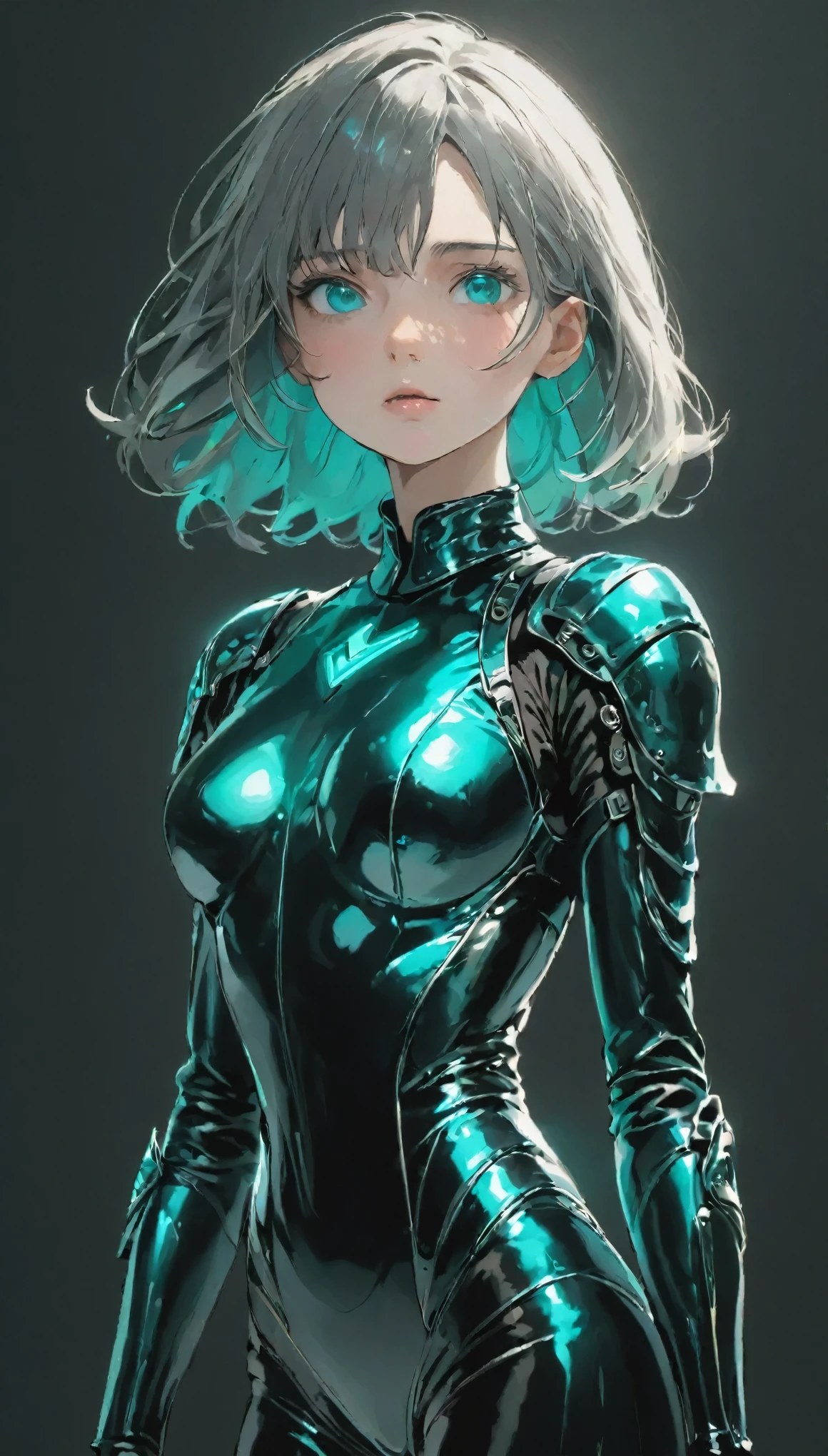 Multicolor, 1 girl, night, dark, Grey Hair,(Detailed drawn eyes), Sharp Eyes, Angry, Looking at the audience, Latex shiny bodysuit, Black shiny body armor, Upper Body, , Limited palette, Black background,Shining turquoise,