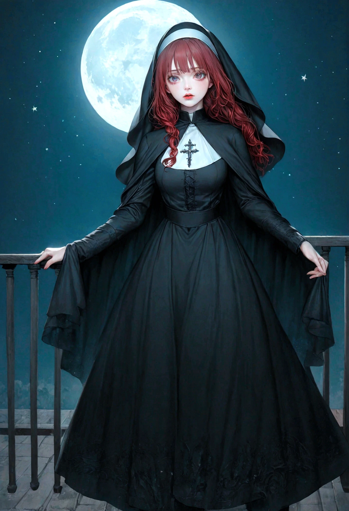 a picture of an exquisite beautiful female (nun: 1.3) vampire standing under the starry night sky on the porch of her monastary, action shot, dynamic angle (ultra detailed, Masterpiece, best quality), ultra detailed face (ultra detailed, Masterpiece, best quality), ultra feminine, (pale skin: 1.3), red hair, wavy hair, dynamic eyes color, cold eyes, glowing eyes, intense eyes, dark red lips, [fangs], wearing white nun habit (ultra detailed, Masterpiece, best quality), wearing blue cloak (ultra detailed, Masterpiece, best quality), long cloak, flowing cloak (ultra detailed, Masterpiece, best quality), wearing high heeled boots, sky full of stars background, moon, bats flying about, action shot, high details, best quality, 16k, [ultra detailed], masterpiece, best quality, (ultra detailed), full body, ultra wide shot, photorealism, dark fantasy art, dark fantasy art, gothic art, many stars, dark fantasy art, gothic art, sense of dread, bloodmagic