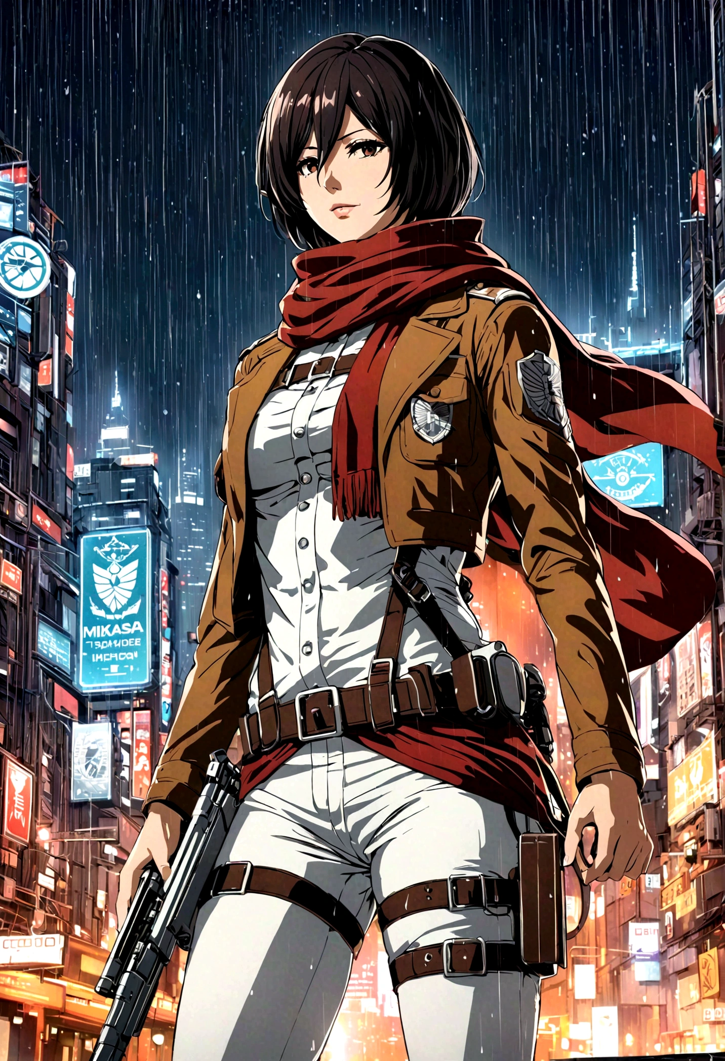 best quality, masterpiece, mikasa ackerman, Red scarf, Brown military uniform, emblem, White pants, futuristic city, night, rain,
very beautiful, Perfect composition, Intricate details, Extremely detailed