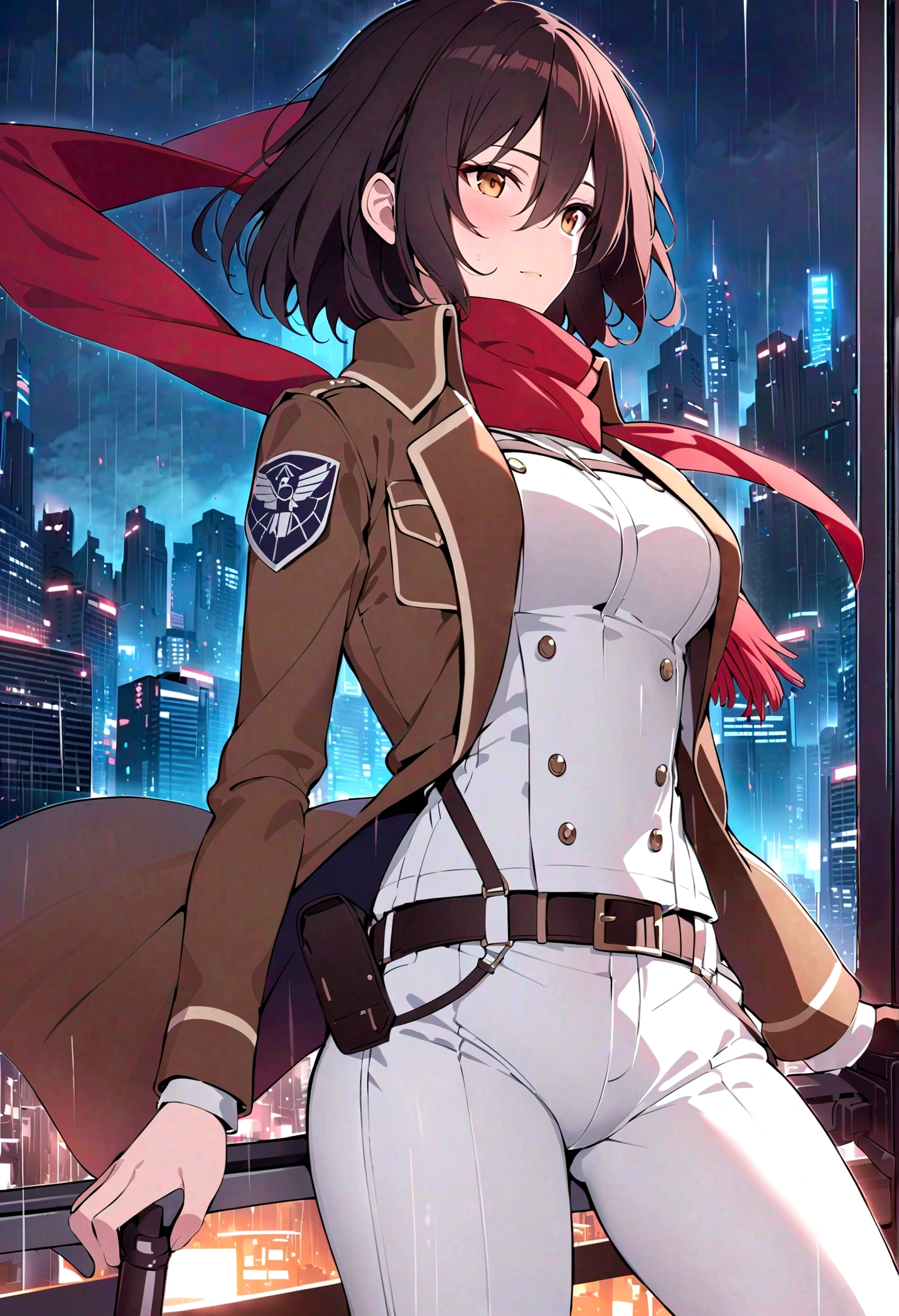 best quality, masterpiece, mikasa ackerman, Red scarf, Brown military uniform, emblem, White pants, futuristic city, night, rain,
very beautiful, Perfect composition, Intricate details, Extremely detailed
