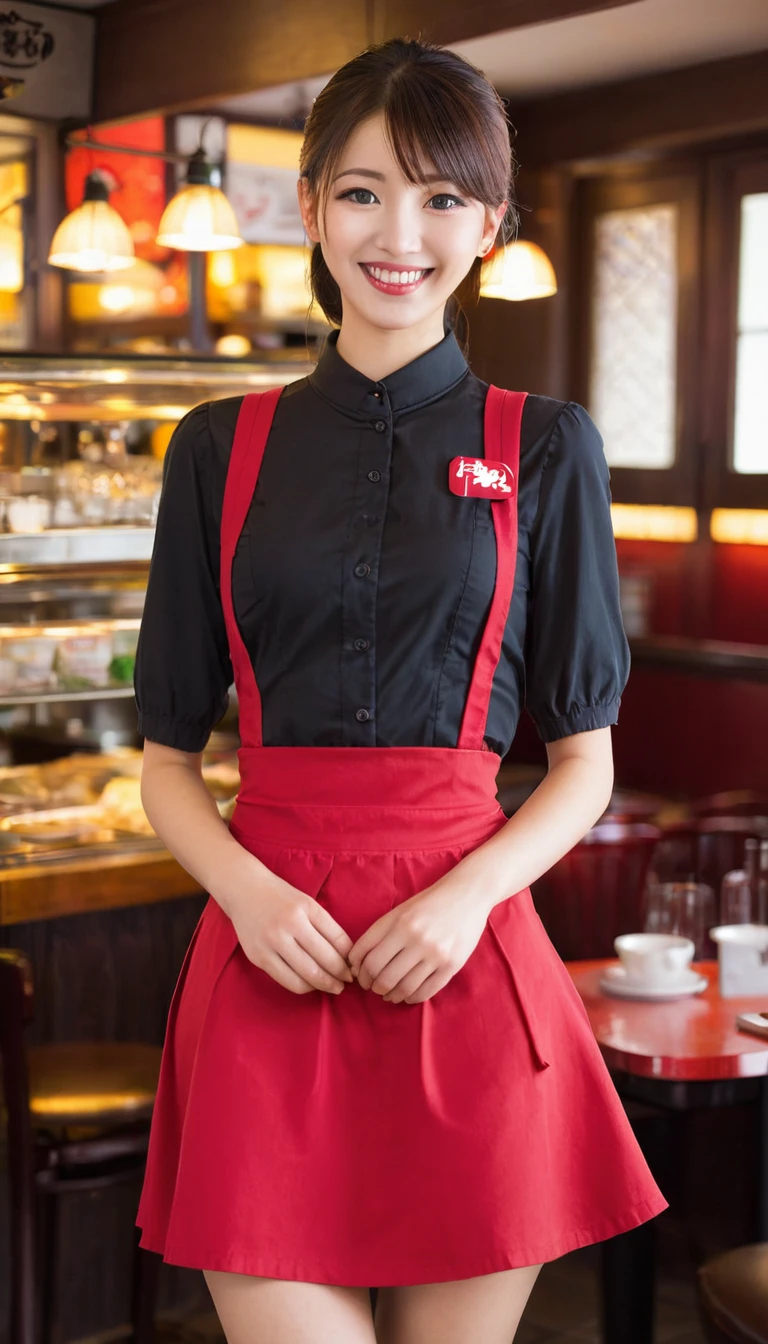 One Japanese girl,Huge breasts,alone,Anna Miller ,waitress,Name tag,High Waist Skirt,Red suspender skirt,apron,
From below,smile,  Mouth closed,restaurant,highest quality
 