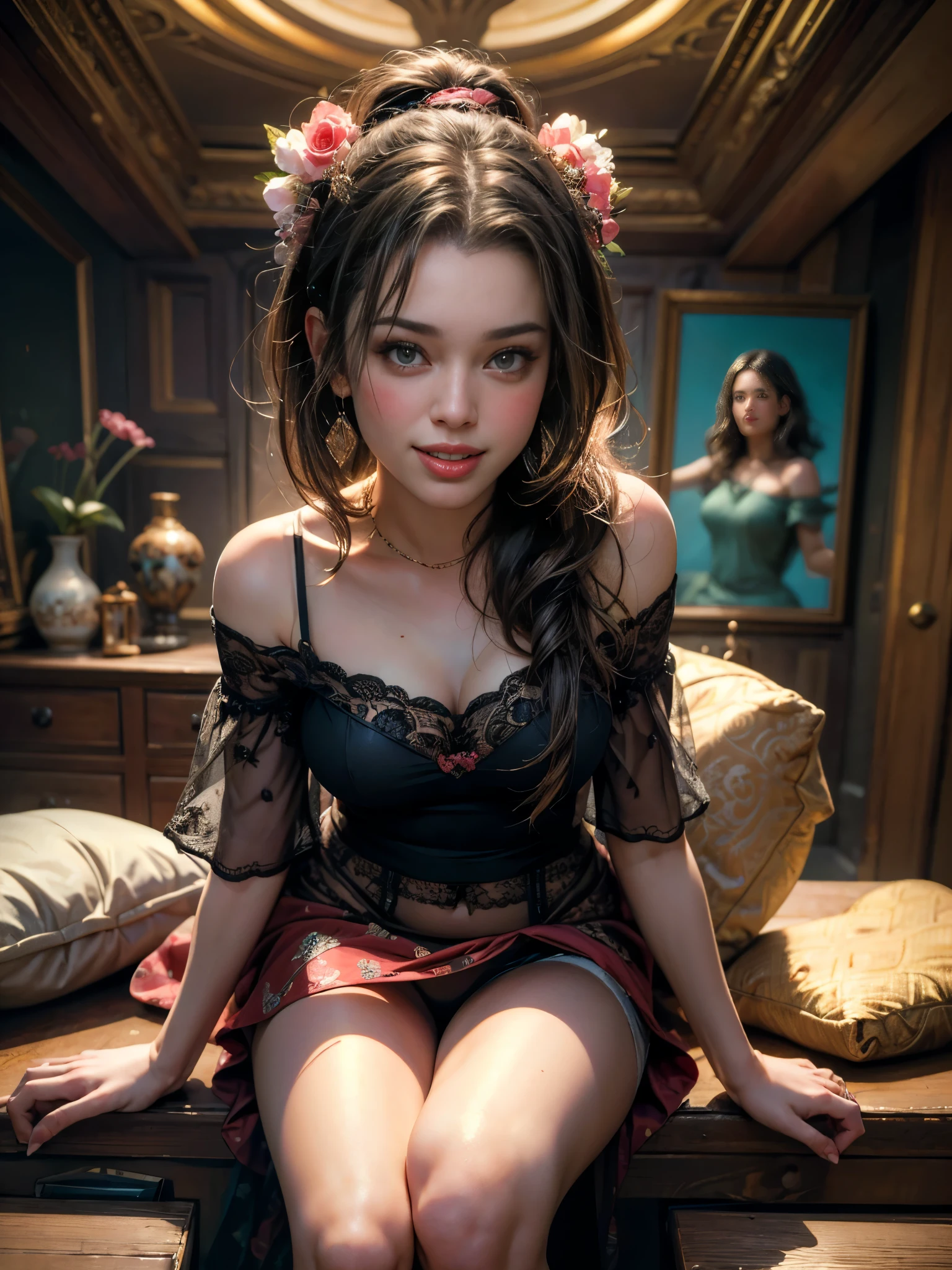 (masterpiece, best quality:1.2), (highres, abstract:1.1), ultra detail, 1girl, cute pose, camisole, off shoulder, parted lips, smile, blush