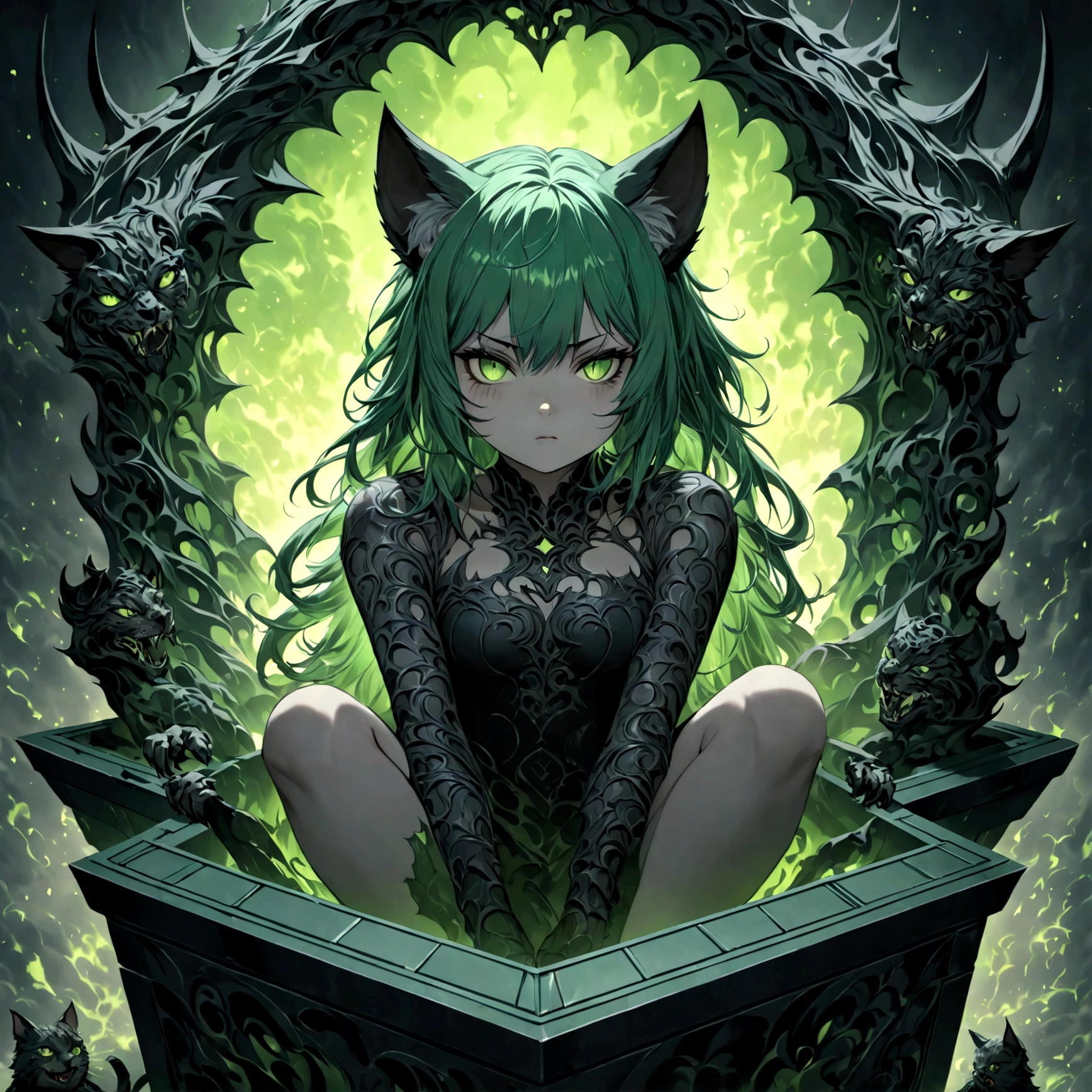 a cute sleepy cat girl with green hair, demonic aesthetics, sitting in a demonic looking box, extremely detailed face and eyes, detailed intricate hair, intricate demonic design, dark fantasy, dramatic lighting, moody colors, cinematic composition, photorealistic, 8k, high quality, masterpiece