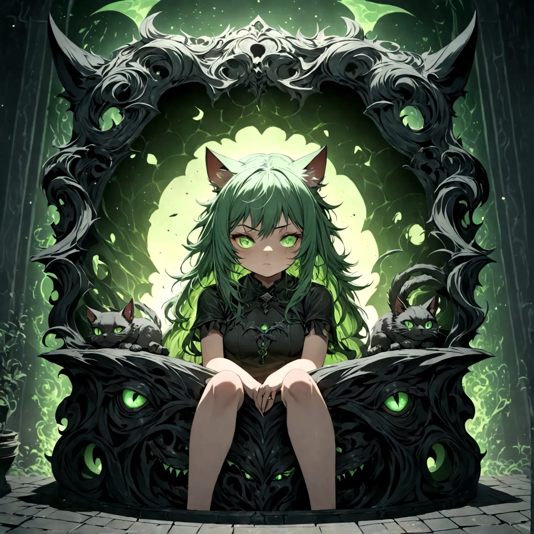 a cute sleepy cat girl with green hair, demonic aesthetics, sitting in a demonic looking box, extremely detailed face and eyes, ...