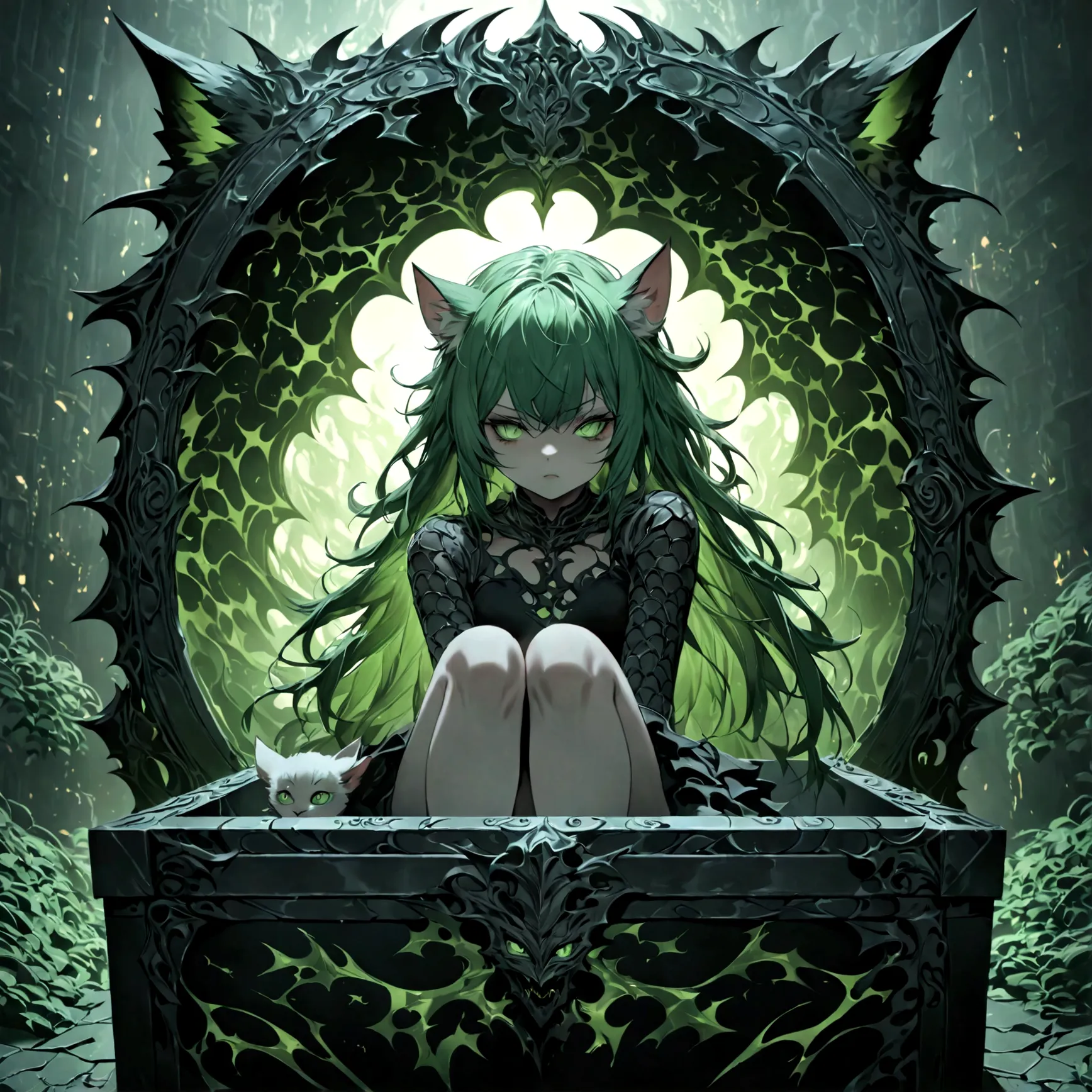 a cute sleepy cat girl with green hair, demonic aesthetics, sitting in a demonic looking box, extremely detailed face and eyes, ...