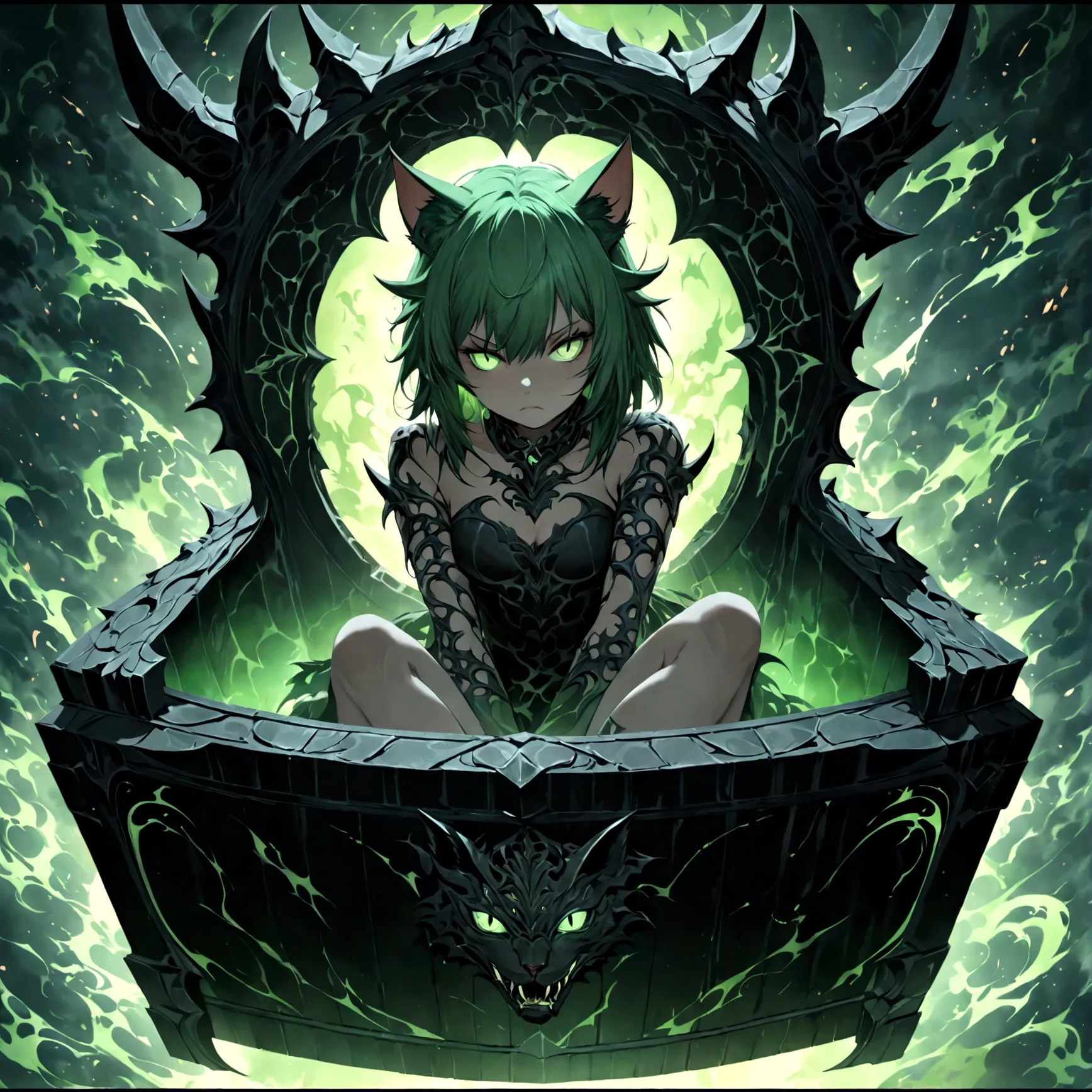 a cute sleepy cat girl with green hair, demonic aesthetics, sitting in a demonic looking box, extremely detailed face and eyes, ...