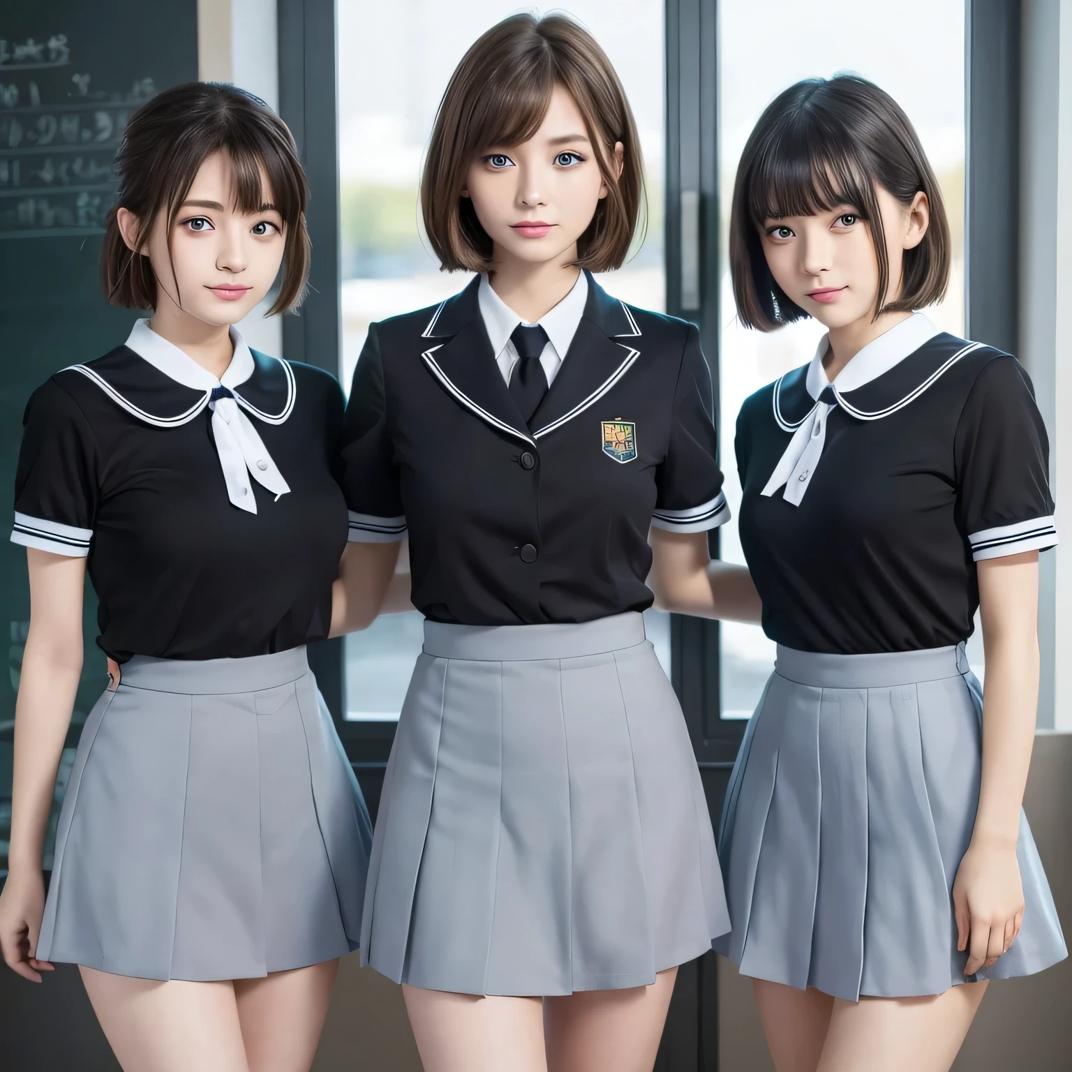 Group photo、((Layered Haircut)),（8k，highest quality），Full Body Shot，hots from a distance，School classroom，student，class，During class，Same uniform shirt、Wear a JK skirt，Full body photo:1.9， Android， Adorable， smile， Thin face， Short fine brown hair， 32k, masterpiece， Best image quality，超A high resolution，Perfect hands，Looking_in_peeping in the viewer，Black choker、Blue Eyes、bangs、Very many and very long eyelashes、uniform、Girls&#39; School、Listening to class、Summer clothes