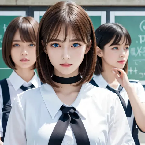 group photo、((layered haircut)),（8k，highest quality），full body shot，hots from a distance，school classroom，student，class，during c...