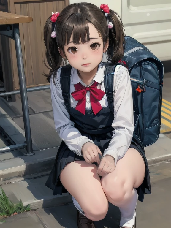 One Girl,highest quality,Super detailed,High resolution,(photoRealistic, Realistic, photo-Realistic:1.2),(9,Flat Chest),bangs,(smile:0.3),,Shigure Ui (virtual),Dilapidated,,Backpack,bag,鈍いbangs,Black Dress,Black footwear,blush,Pompom hair ornament,Collared shirt,Brown eyes,Knee-high,Light brown hair,loafers,Long sleeve,Apron dress,Pleated dress,school bag,Red Bow,,Sleeveless dress,Twin tails,White legwear,White shirt,anime