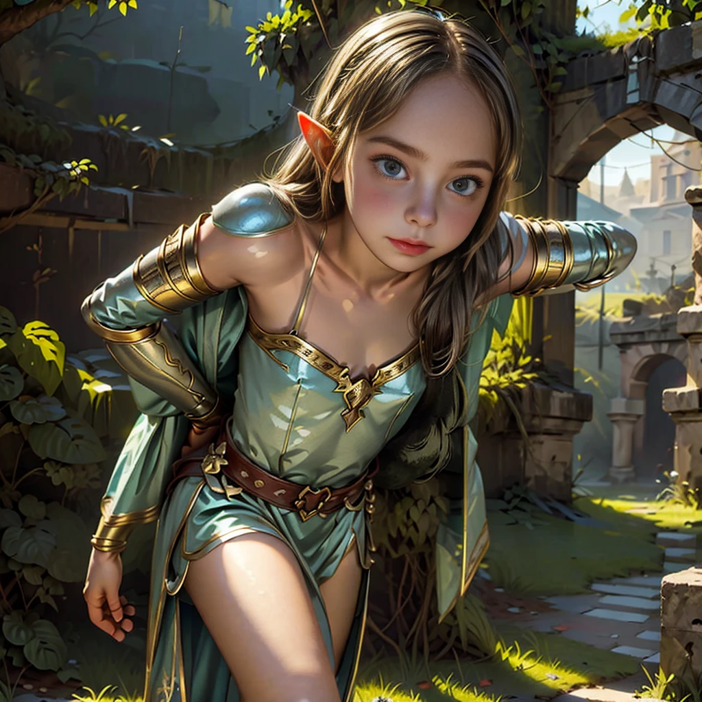 (high definition) 1 Girl, alone, elf girl in armor, elven girl, elf, armor, and medieval clothing, a crown in the cave, cape, ancient Greek ruins,
