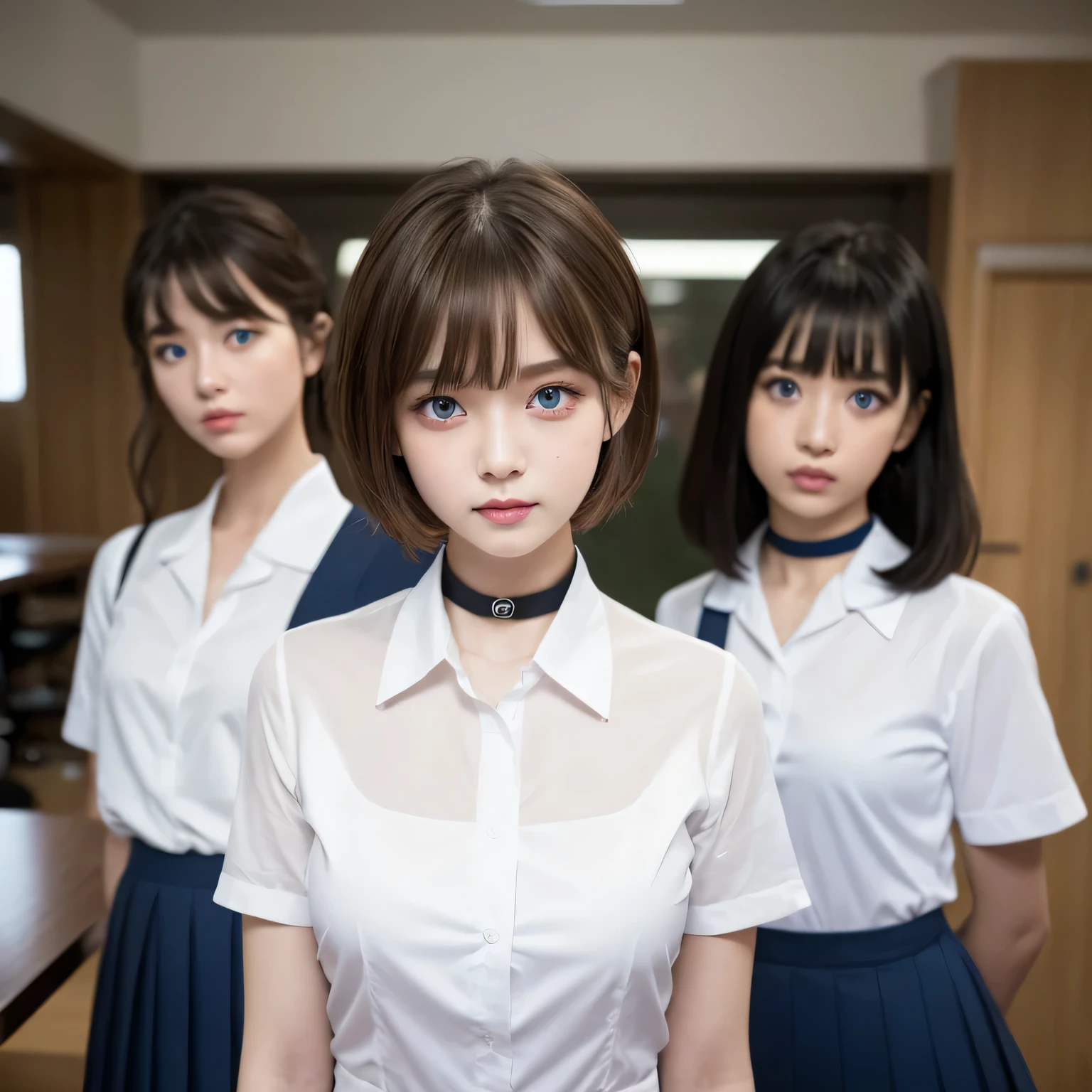 Group photo、((Layered Haircut)),（8k，highest quality），Full Body Shot，hots from a distance，student，class，During class，White satin open-collar shirt，Full body photo、 Adorable， smile， Thin face， Long, fine brown hair， 32k, masterpiece， Best image quality，超A high resolution，Perfect hands，Black choker、Blue Eyes、bangs、Very many and very long eyelashes、uniform、Girls&#39; School、Listening to class、Summer clothes、smile、garden、cherry blossoms