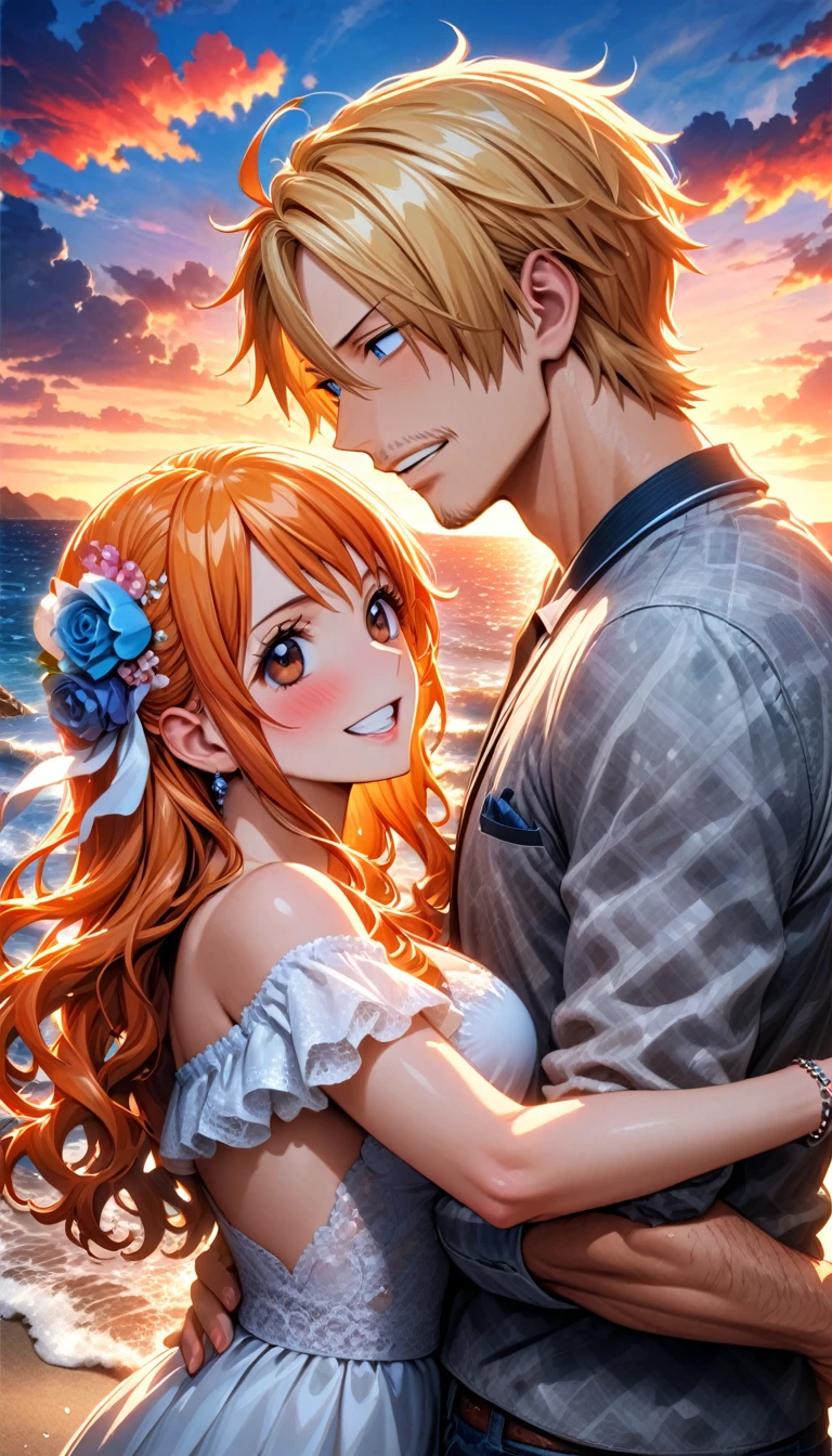 Ultra detailed, highres, absurdres, HDR, master piece, Sanji, expressive blue eyes, blond hair, Nami, orange long hair, expressive brown eyes, sunset, beach, a handsome man together with a beautiful woman, couple, love, One Piece, extremely beautiful, very detailed face and eyes, water, summer, best quality, happy, white wedding clothes