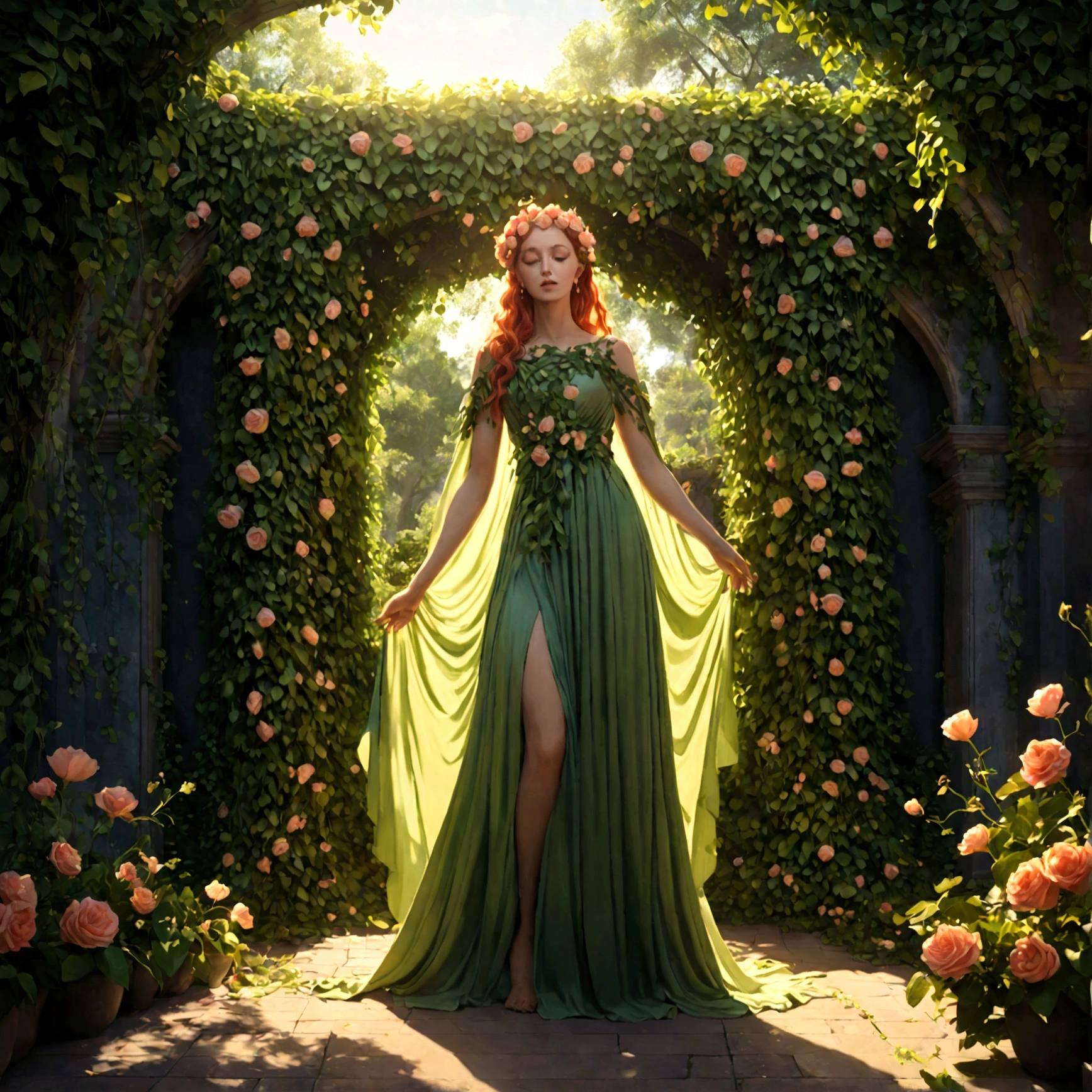 a goddess persephone, elegant intricate floral dress, flowing greenery leaves vines, blooming flowers, lush verdant garden setting, dramatic dramatic lighting, dramatic cinematic atmosphere, hyperrealistic, photorealistic, 8k, ultra-detailed, masterpiece, cinematic lighting, dramatic colors, vivid colors, dramatic shadows, dynamic pose