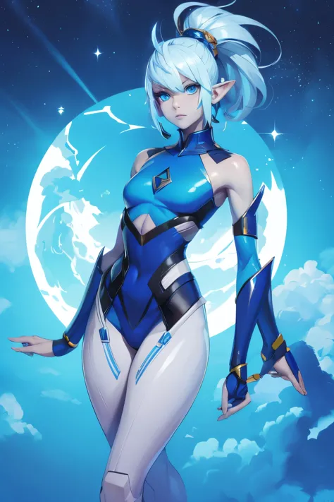Beautiful alien woman with bright blue skin, short white hair that is shaved on the sides, blue eyes, pointed ears, a flat chest...