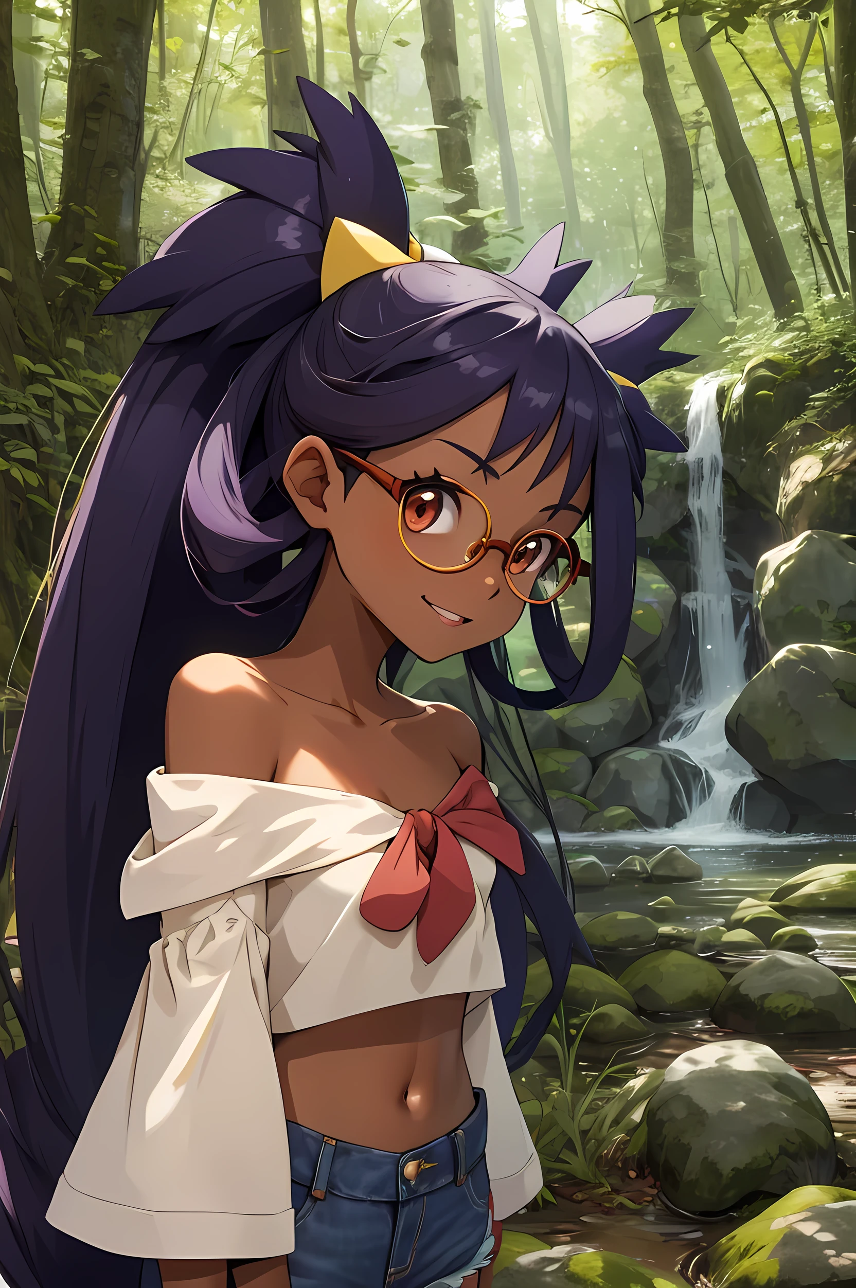 iris (pokemon), long purple hair, big hair, red eyes, dark skin, hair ornament, (masterpiece, best quality), 1girl, small breasts, small hips, crop top, denim shorts, pervert, , glasses, (masterpiece, best quality:1.1), 1girl, solo, lemon eyes, arms behind head, adjusting clothes, looking back, outdoors, sculpture trail, abstract art, woods, stream, sunlight, abstract sculptures, natural settings, sun-dappled woods, nature walks, forest trails, meditative spaces, bored, distracted, off-shoulder top, long hair, waterfall braid, defined lips, full eyebrows, defined jawline, upper body, perfect eye detail, smile,