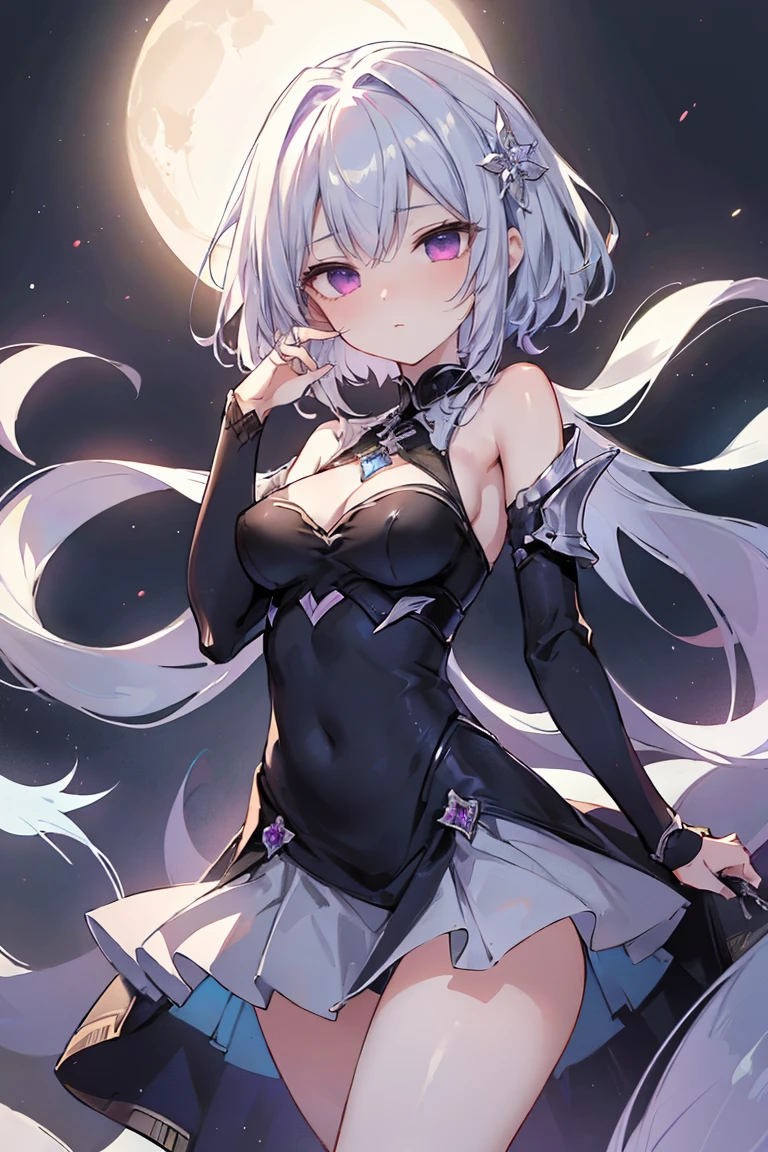 1girl, anime, cute girl, blank background, white background, fantasy, detailed fantasy dress with highlights, beautiful face, beautiful eyes, dark colors, black hair with multicolor streaks, red eye with different color pupil in eye, multicolor eye, medium breasts, slight cleavage, beautiful skin, cute, breast curtains, extremely delicate and beautiful, (beautiful detailed face:1.0), (detailed deep eyes), symmetrical breasts, deep eyes, shiny skin, portrait, slender waist, hips wider than shoulders, thighs, expressionless, young girl, luminous eyes, adorable，（Kpop idol）,（aegyo sal：1），（Platinum blonde hair：1），（（puffy eye）），Black panty，sexy posture，Superskirt, Ultra-high resolution，Black collar，slim figure, Abdominal y tattoo, womb tattoo，Tight-fitting leg ring，y tattoo on half-body，Bare skin, Armored hand，Hidden fingertips，Hand covered，Arm covered，Fist covered,{{beautiful detailed fingers}}, tufts of hair, moderate beautiful breast:1.0,(masterpiece:1.2), best quality, high-res, HDR, perfect face, intricate armor, delicate blue filigree, intricate filigree, red metalic parts, detailed part, dynamic pose, dynamic lights, cute face, neutral expression, shuimobysim, lotus, hanfu, maxi skirt, dress conservatively 1girl, solo, long blue hair, standing, One lady,14years,((White hair) ,(Shiny purple bodysuit with microskirt),((Fantasy, Moon Night)), gradient_eyes,