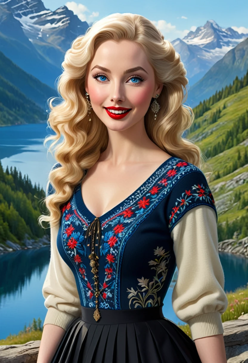 Blonde Woman, Messy Hair, Pale Skin, Red Lipstick, Overlooking Mountain Valley, Alpine Lake. Dress Wth Woodcut Patterns, A Black Knee-Length Pleated Skirt With Blue Embroidery, Norwegian Sweater With Rosemaled Designs. A Wide Smile, Eyes Are Detailed & Wide, & She Poses Dynamically. Digital Painting, 4K Ultra HD, Rococo-Inspired Fantasy Art With Intricate Details. Cute, Charming Expression & Alluring-Gaze, Beautiful Blue Eyes & An-Ideal-Hourglass-Figure. Hedy Lamarr, Olivia Munn & Molly Quinn. Youthful Well-Shaped Bosom, Well-Defined Gluteal Muscles. Large-Chest. Side Profile turning.
