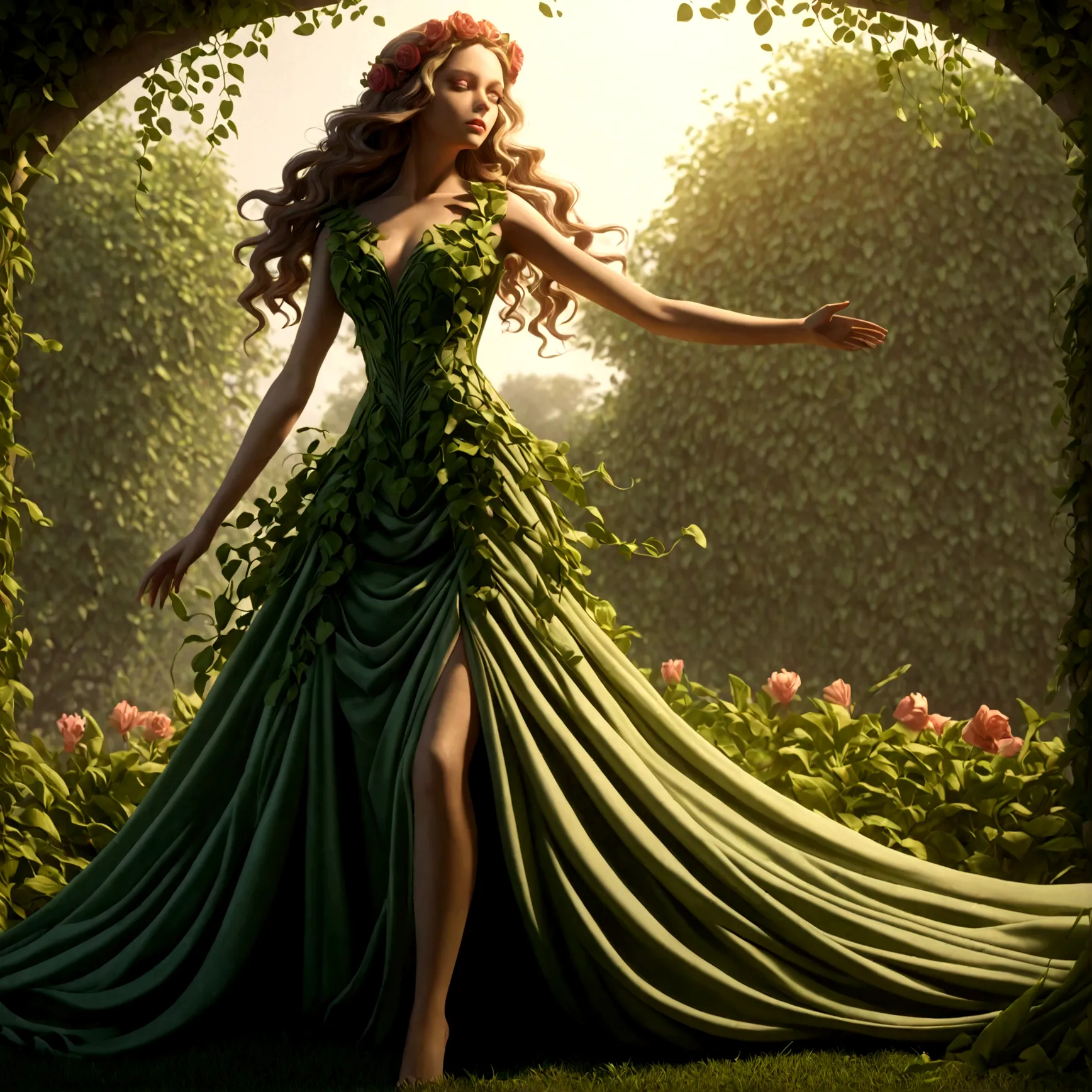 a goddess persephone, elegant intricate floral dress, flowing greenery leaves vines, blooming flowers, lush verdant garden setti...