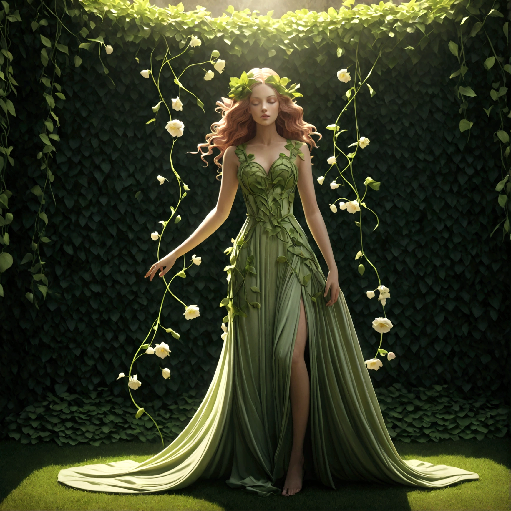 a goddess persephone, elegant intricate floral dress, flowing greenery leaves vines, blooming flowers, lush verdant garden setting, dramatic dramatic lighting, dramatic cinematic atmosphere, hyperrealistic, photorealistic, 8k, ultra-detailed, masterpiece, cinematic lighting, dramatic colors, vivid colors, dramatic shadows, dynamic pose